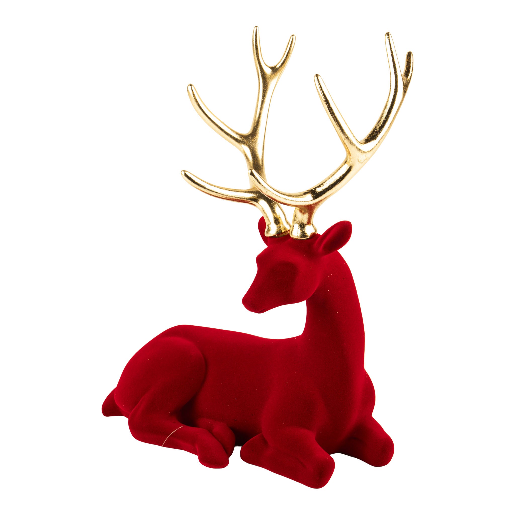 34cm Flocked Red Deer Sitting - Seasonal Decor