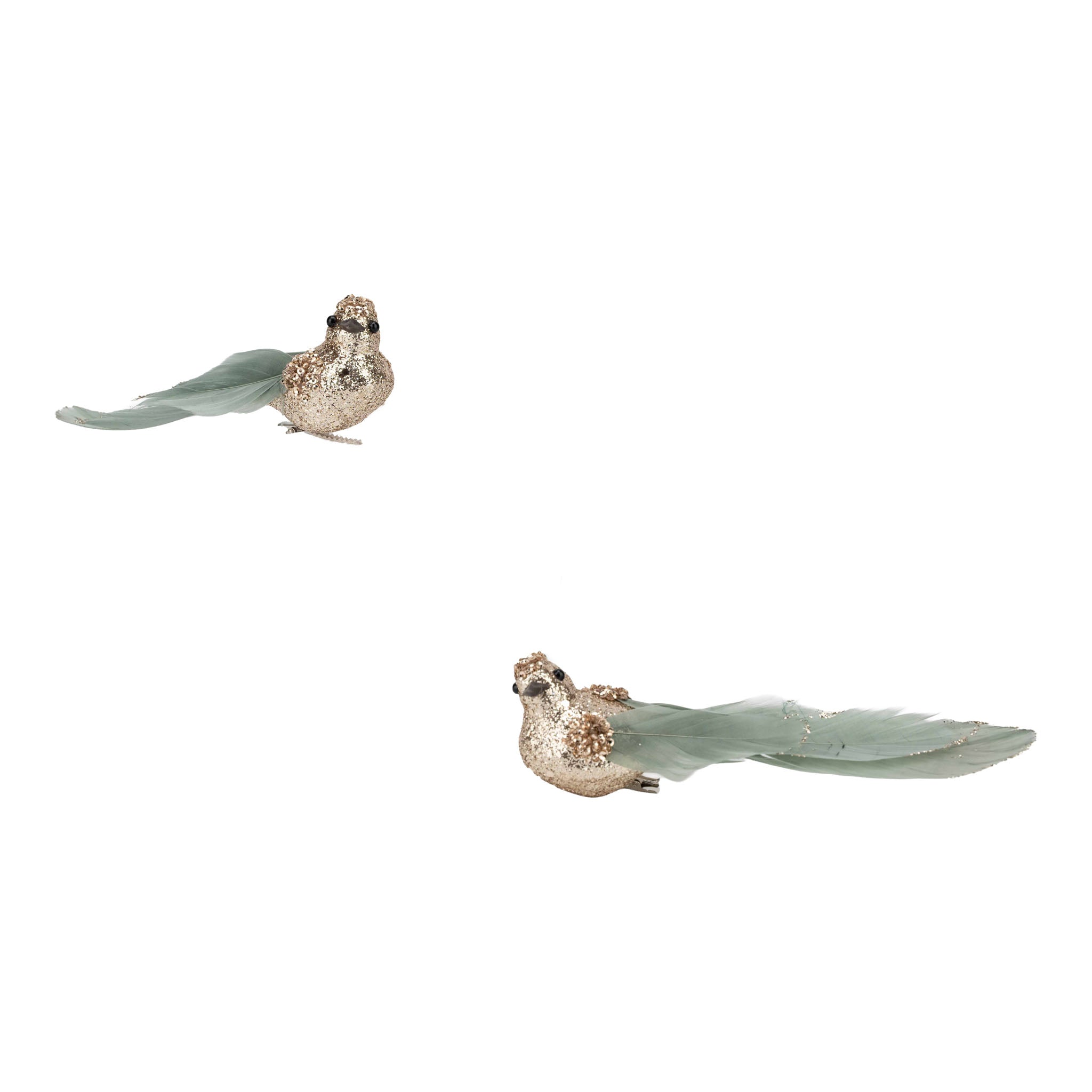 Set of 2 18cm Champagne Glitter Bird, Sage Tail Clip on - Seasonal Decor
