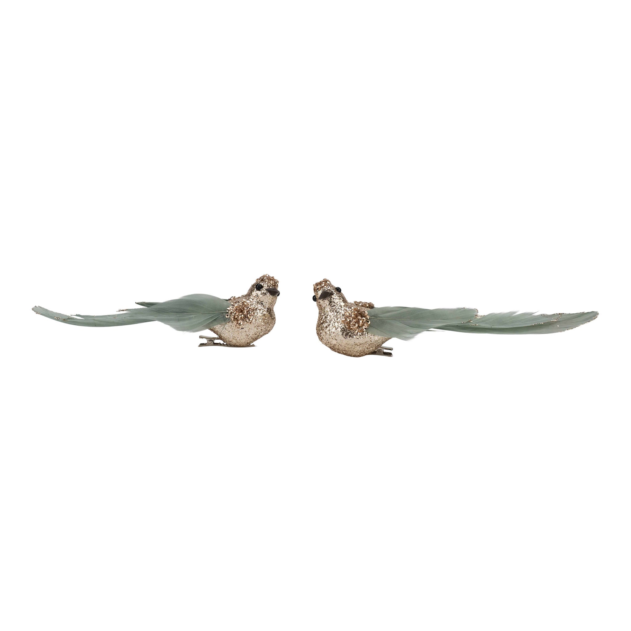 Set of 2 18cm Champagne Glitter Bird, Sage Tail Clip on - Seasonal Decor