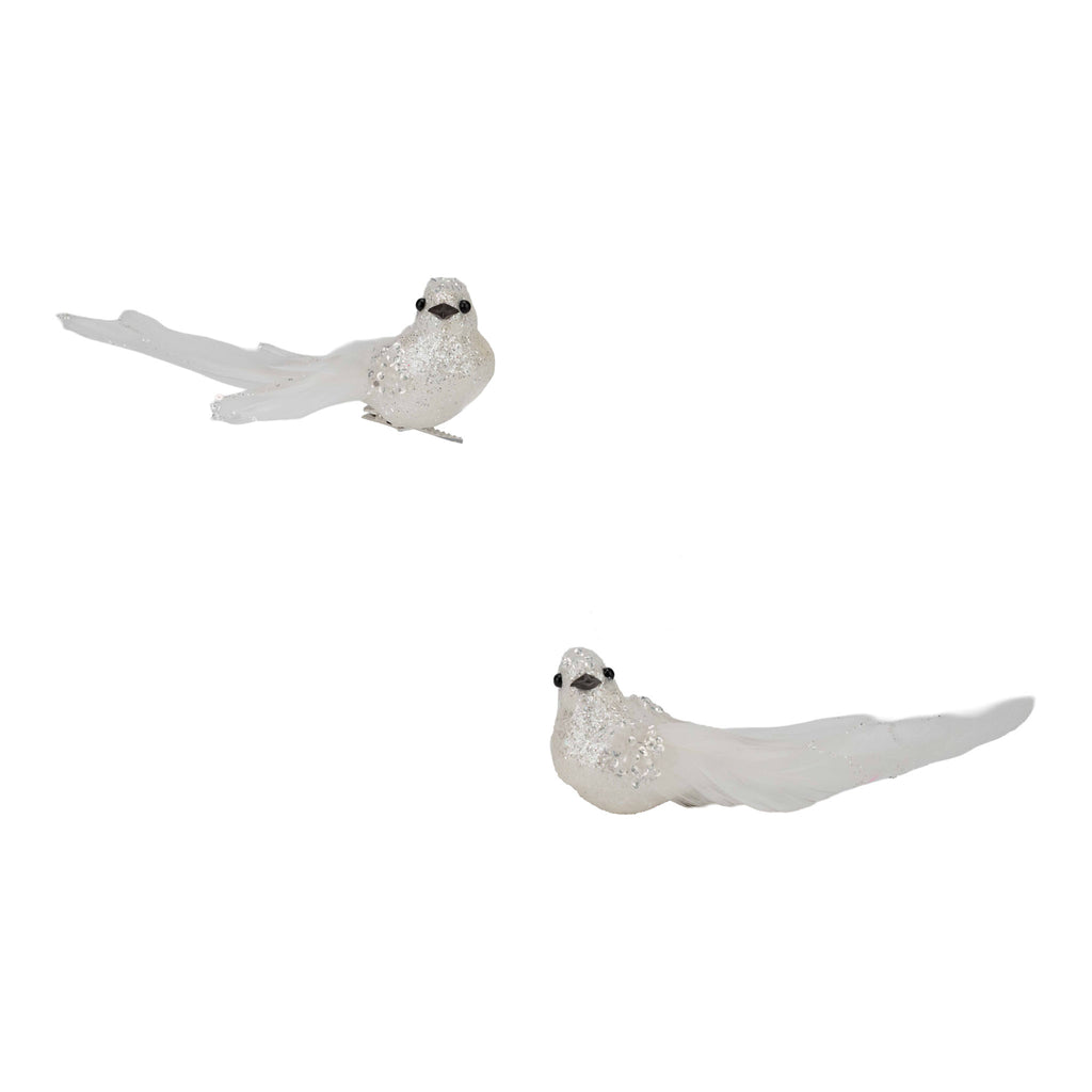 Set of 2 18cm White Glitter Bird Clip on - Seasonal Decor