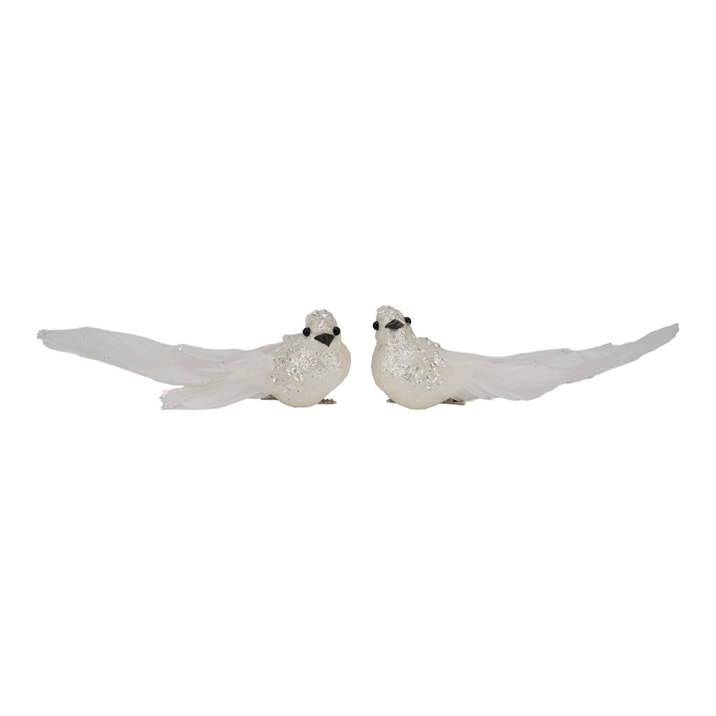 Set of 2 18cm White Glitter Bird Clip on - Seasonal Decor