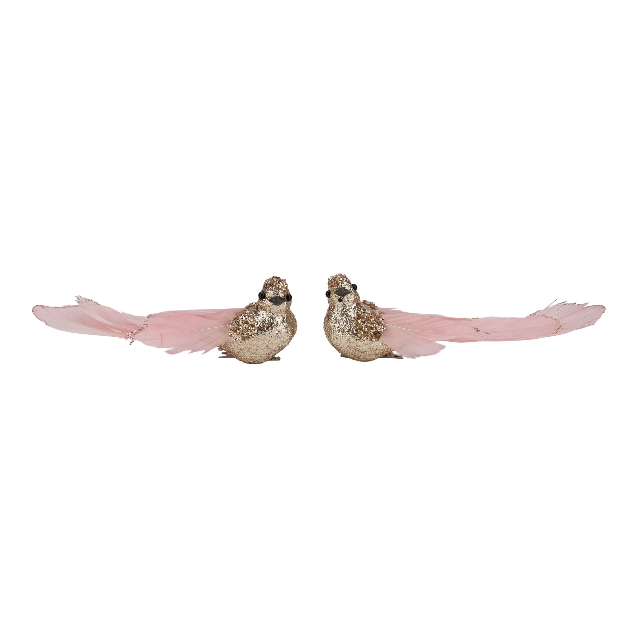 Set of 2 18cm Champagne Glitter Bird, Pink Tail Clip on - Seasonal Decor