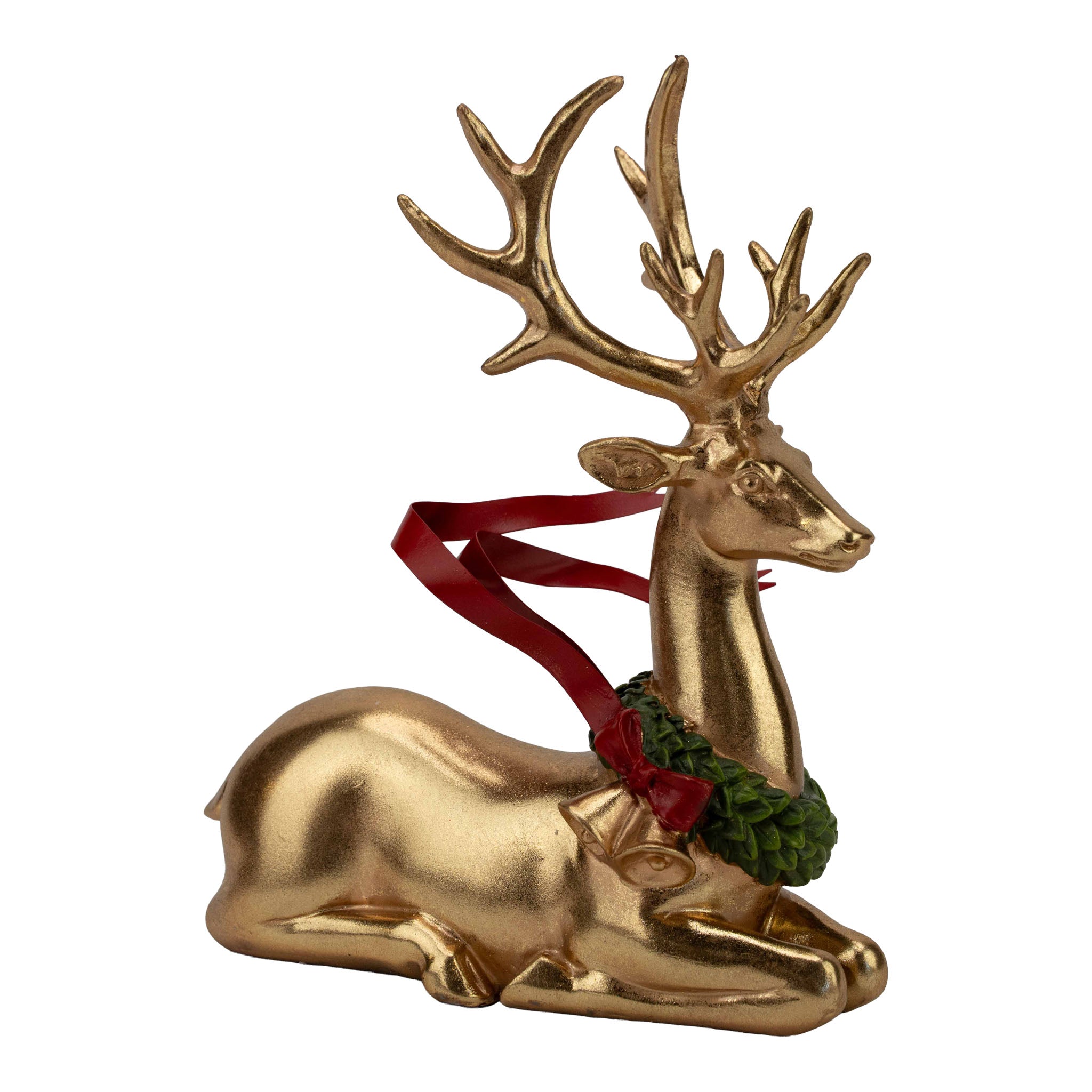 22cm Gold Sitting Red Metal Ribbon Deer - Seasonal Decor