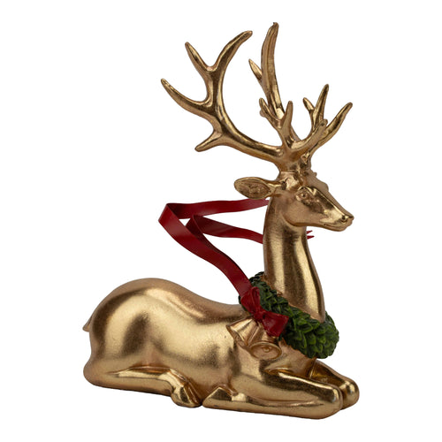 22cm Gold Sitting Red Metal Ribbon Deer - Seasonal Decor