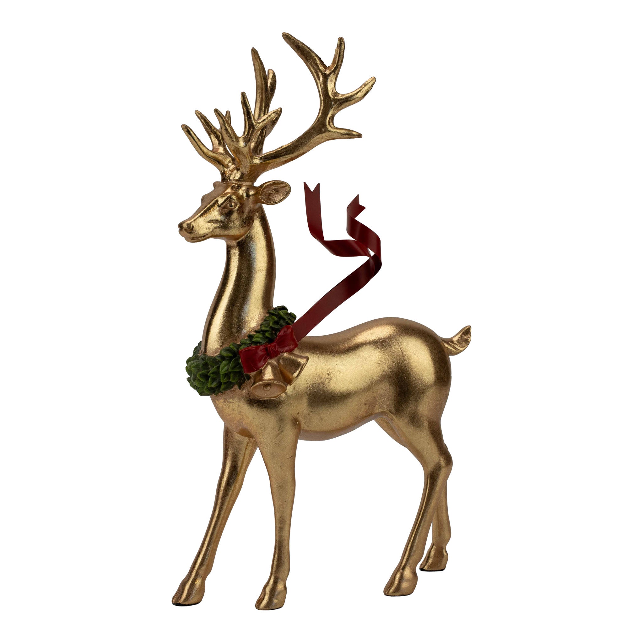 32cm Gold Standing Red Metal Ribbon Deer - Seasonal Decor