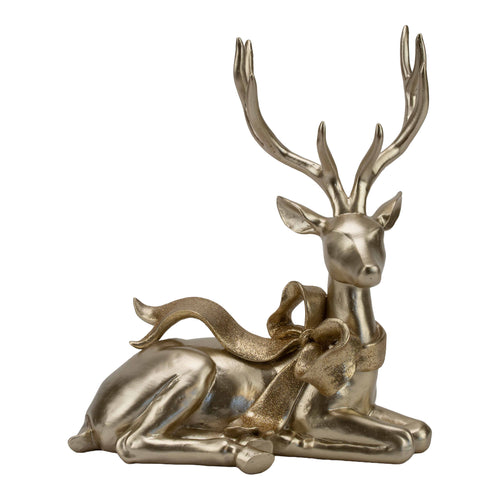 27cm Champagne Sitting Deer with Bow - Seasonal Decor