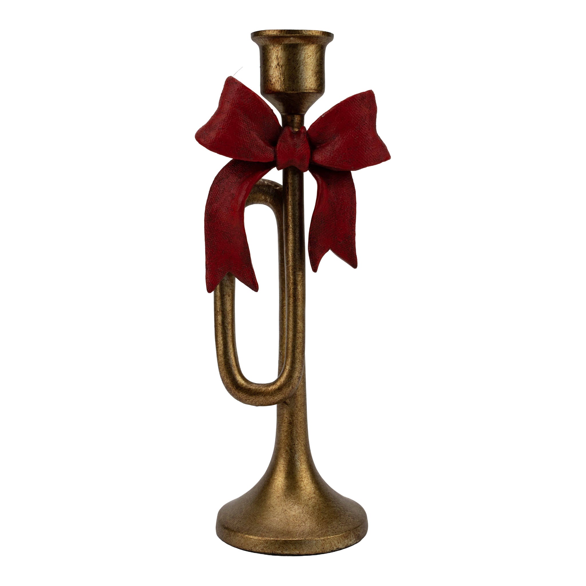 26cm Gold Trumpet Red Bow Candle Holder - Seasonal Decor