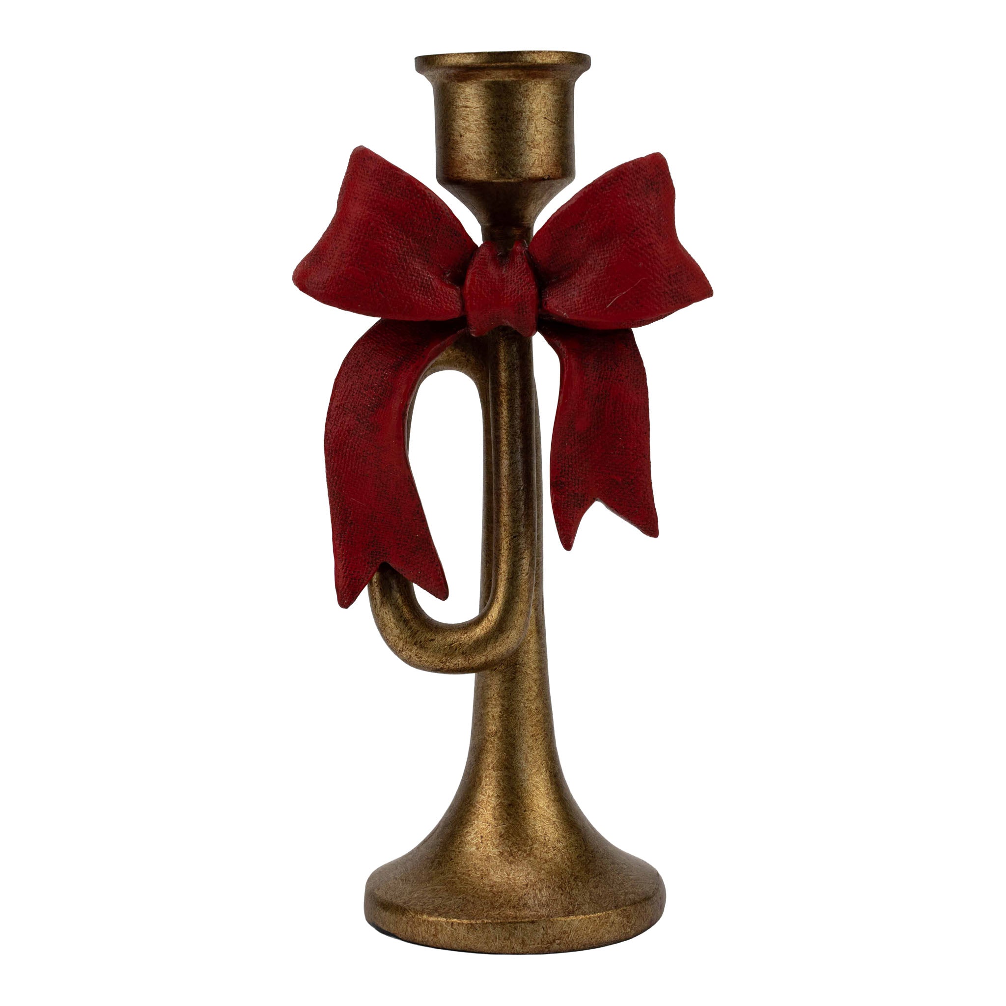 20cm Gold Trumpet Red Bow Candle Holder - Seasonal Decor