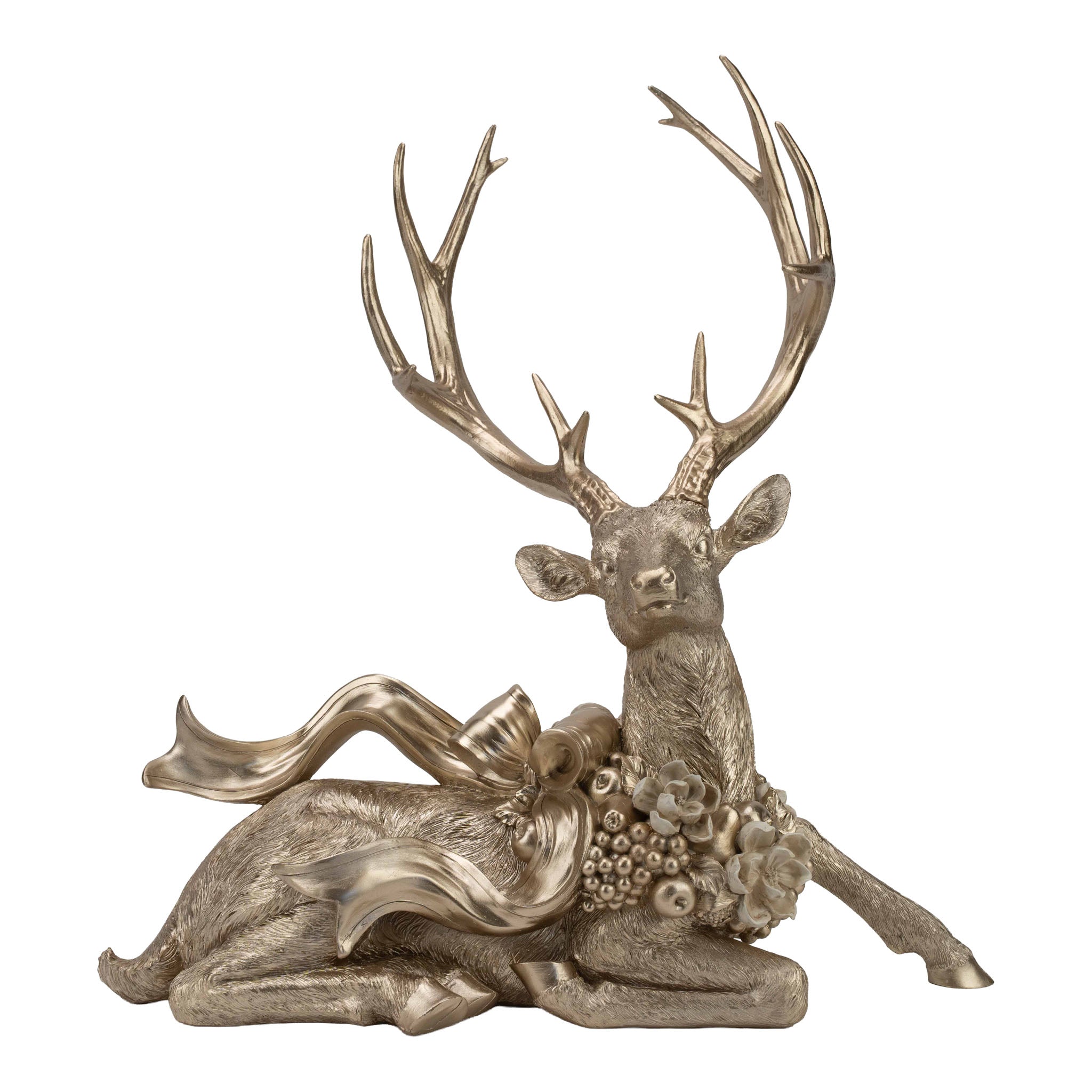 49cm Champagne Sitting Reindeer with Bow - Seasonal Decor