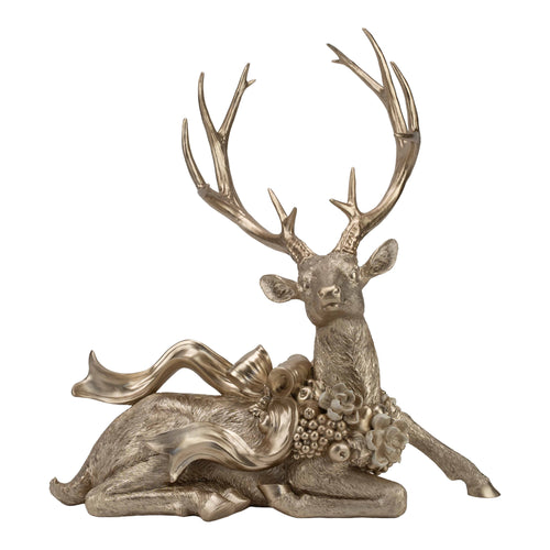 49cm Champagne Sitting Reindeer with Bow - Seasonal Decor