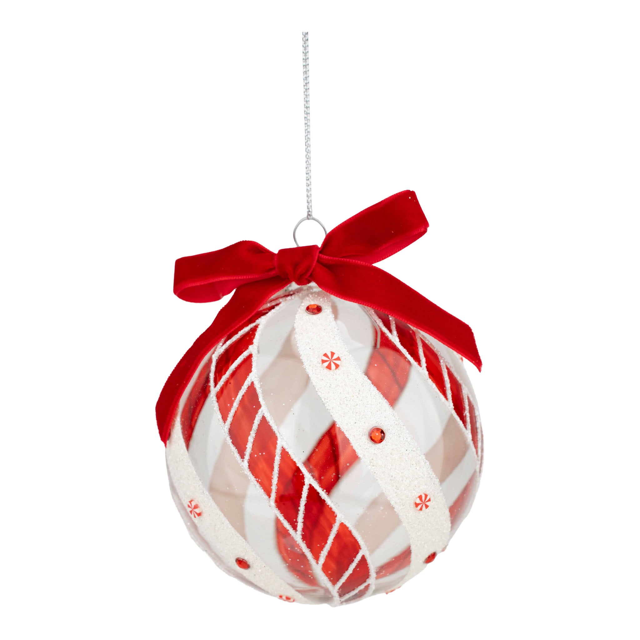 10cm Bow Red White Swirl Ball - Seasonal Decor