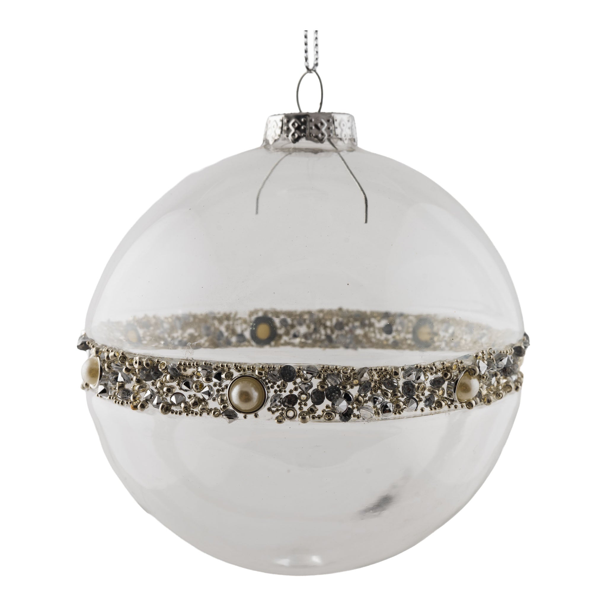 10cm Clear Silver Pearl Trim Ball - Seasonal Decor