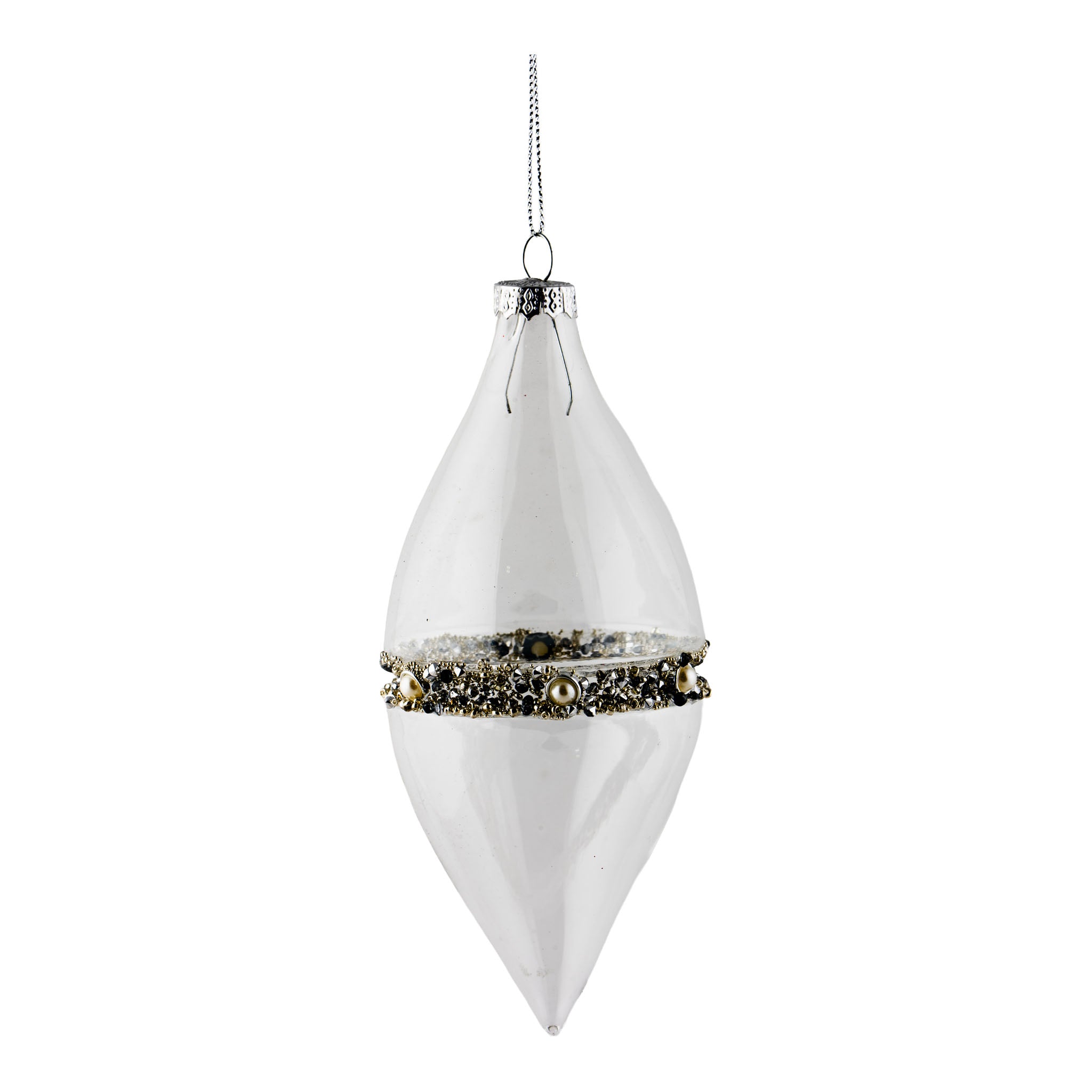 14cm Clear Silver Pearl Trim Long Drop - Seasonal Decor