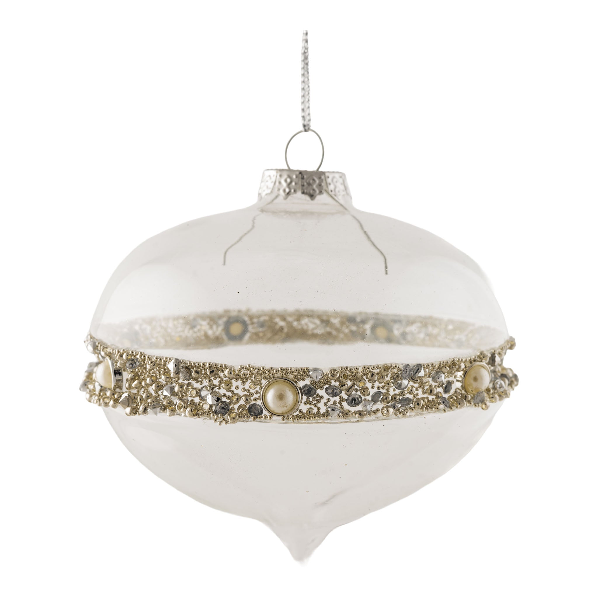 10cm Clear Silver Pearl Trim Drop - Seasonal Decor