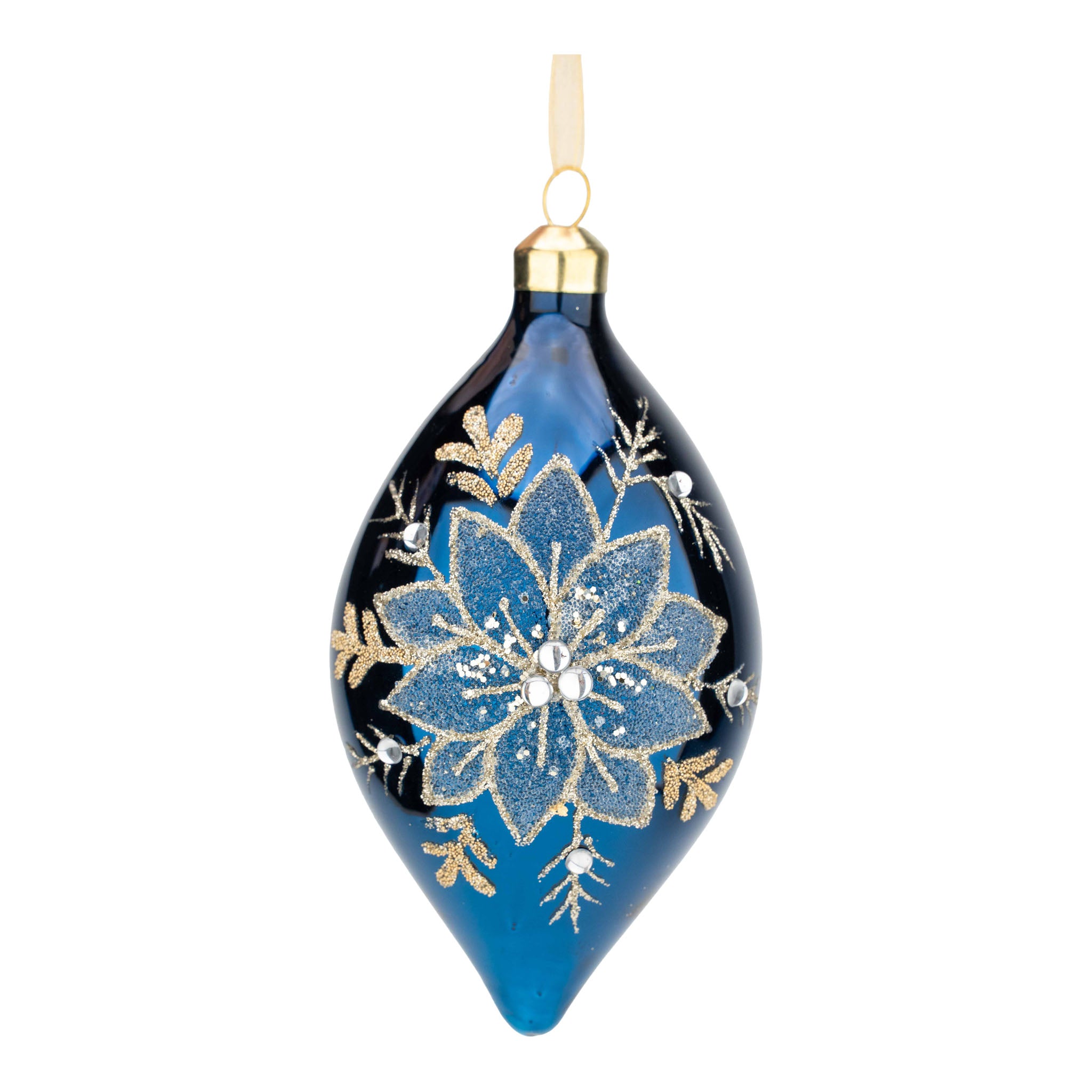 14cm Navy Point Poinsettia Long Drop - Seasonal Decor