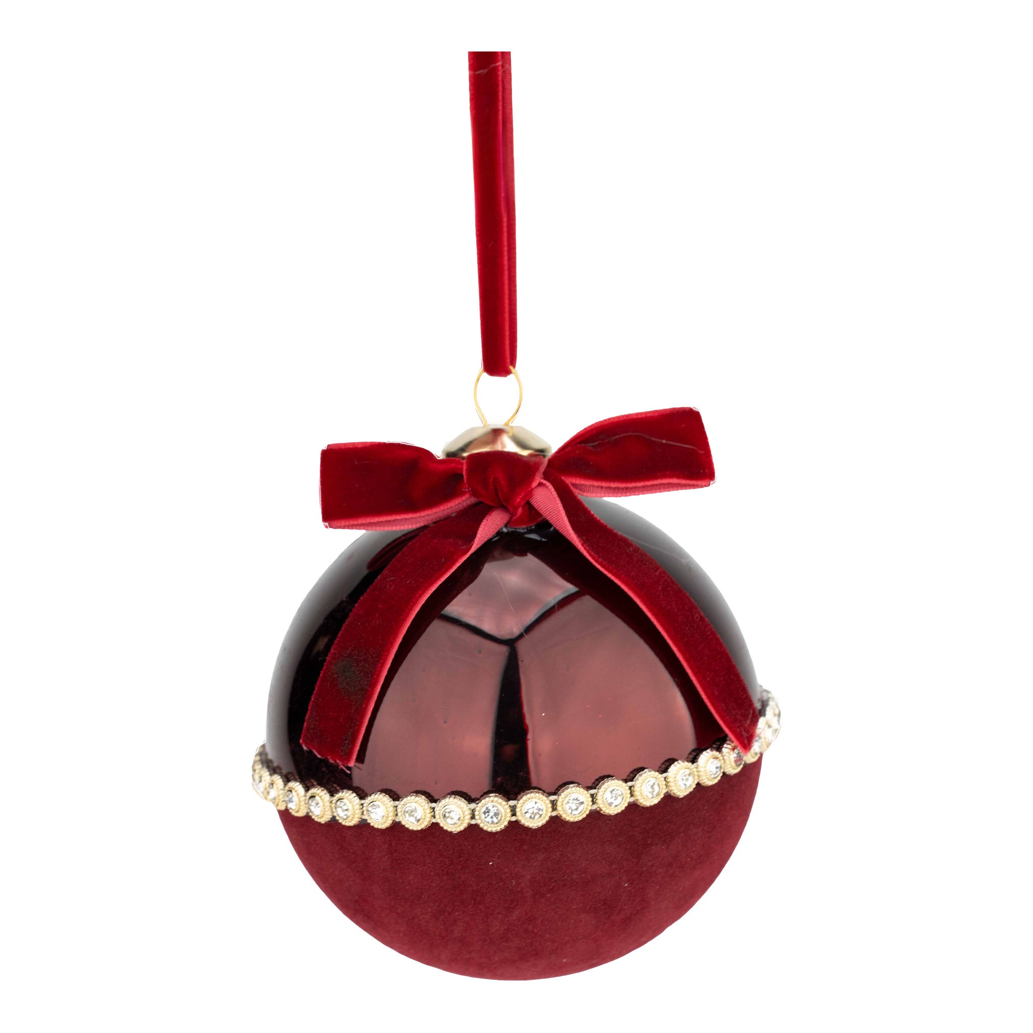 10cm Burgundy Flocked Gold Trim with Bow Ball - Seasonal Decor