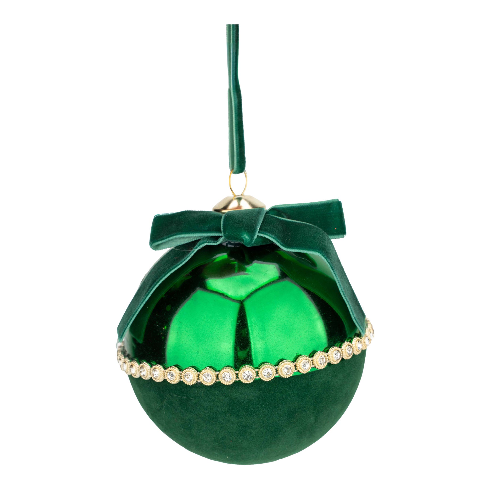 10cm Green Flocked Gold Trim with Bow Ball - Seasonal Decor