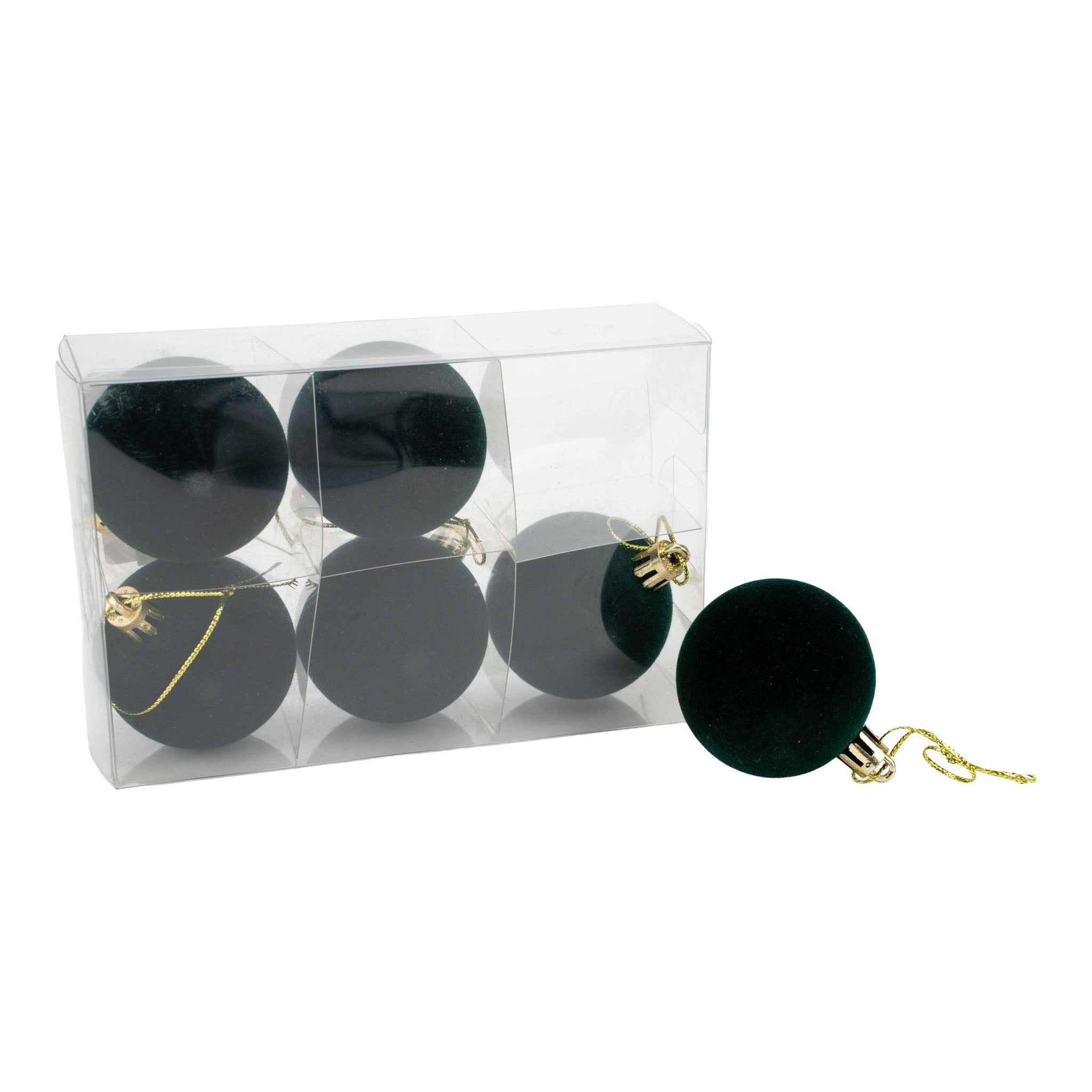 Set of 6 4.5cm Green Flocked Bauble - Seasonal Decor