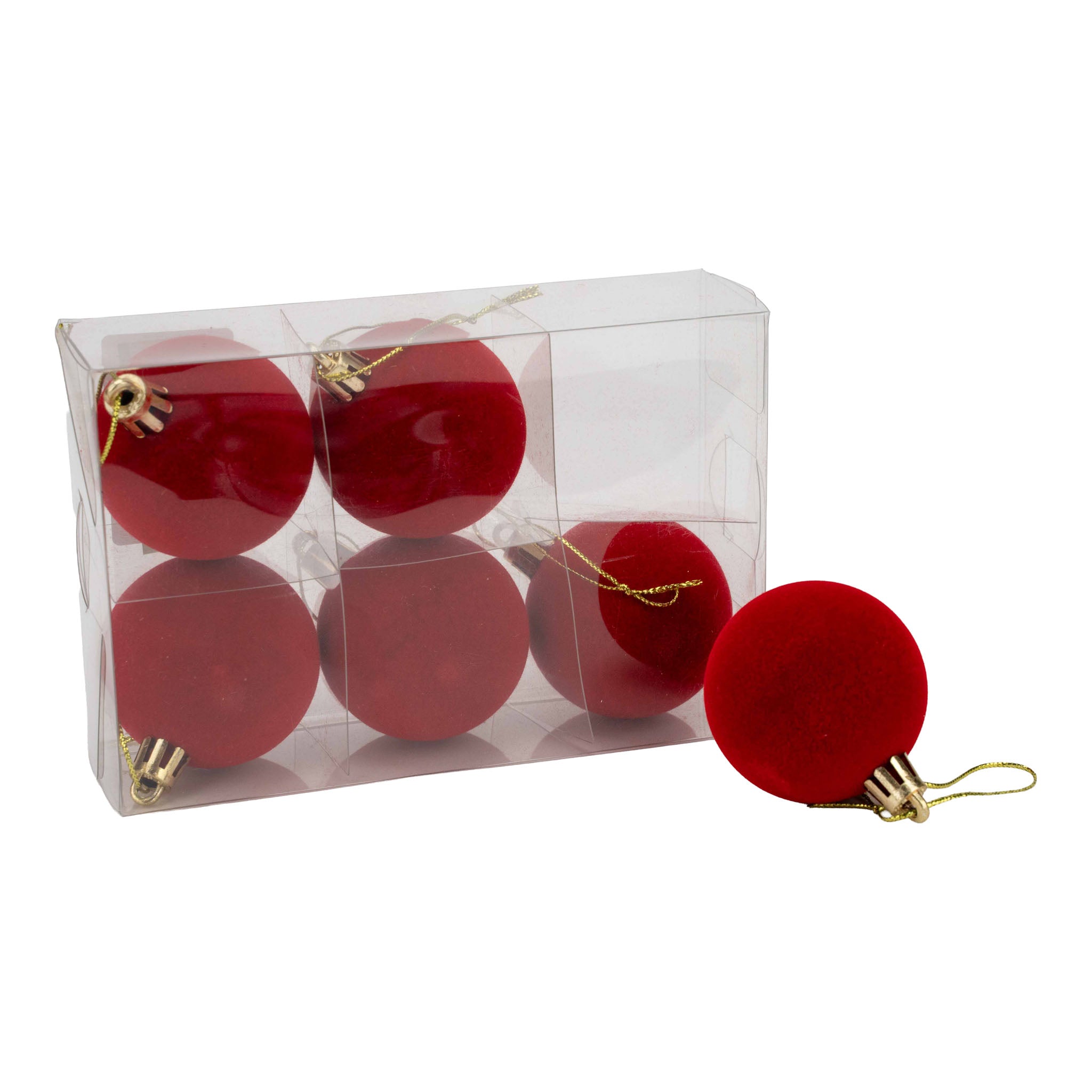 Set of 6 4.5cm Red Flocked Bauble - Seasonal Decor