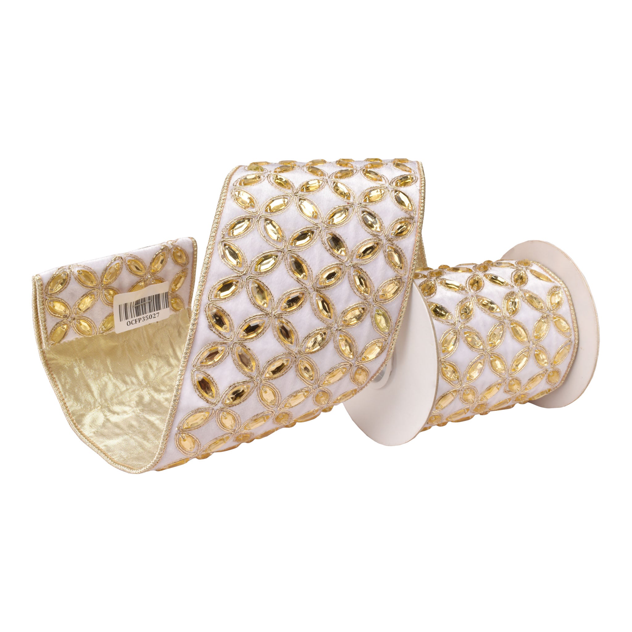 100mm White Gold Beaded Ribbon 9.14 Mts L - Seasonal Decor