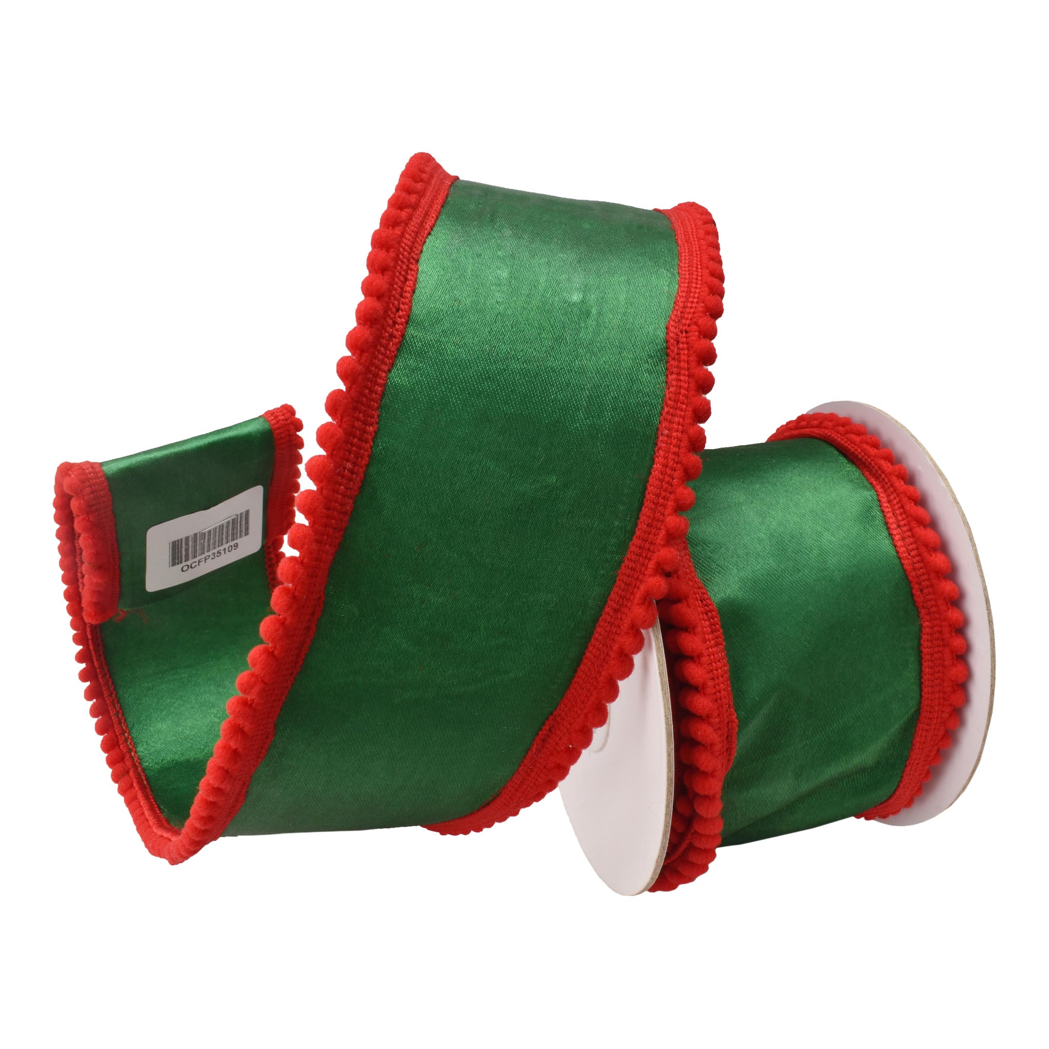 64mm Green Red Pom Pom Edge Ribbon 9.14 Mts L - Seasonal Decor