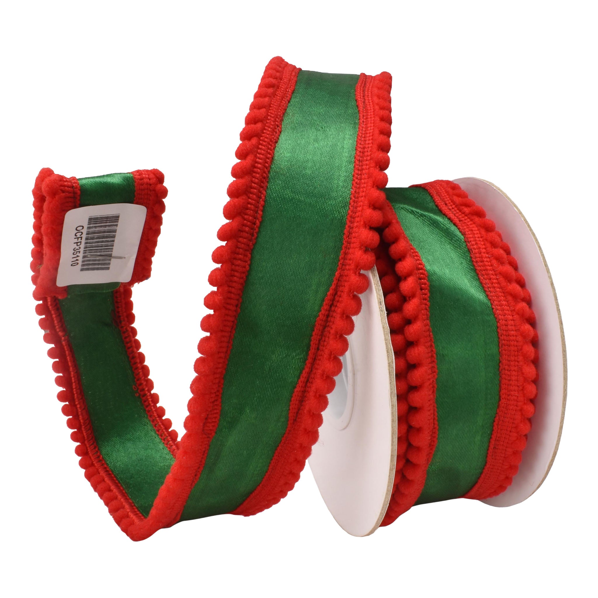 38mm Green Red Pom Pom Edge Ribbon 9.14 Mts L - Seasonal Decor