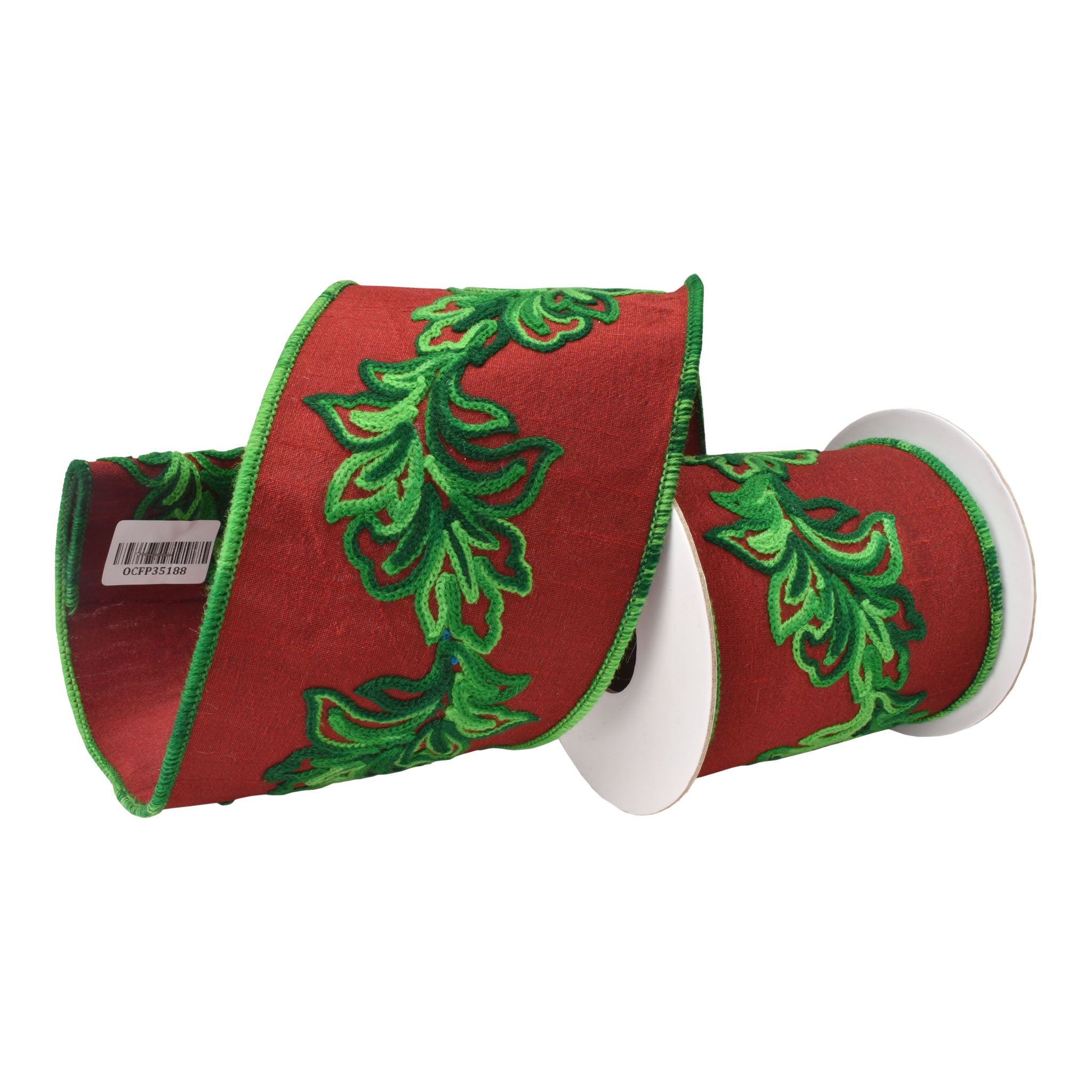 100mm Burgundy Green Leaf Ribbon 9.14 Mts L - Seasonal Decor