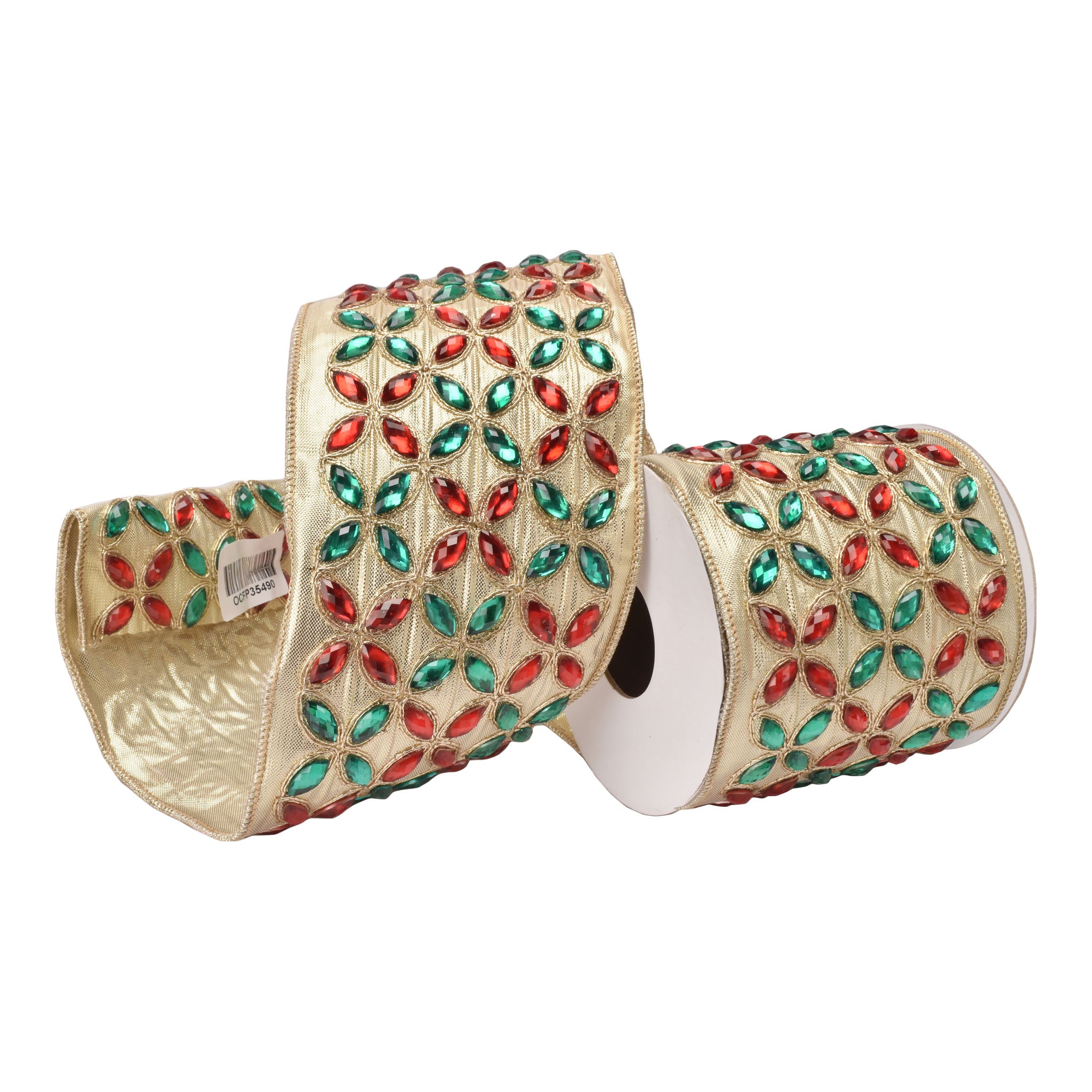 100mm Gold Red Green Beaded Ribbon 9.14 Mts L - Seasonal Decor