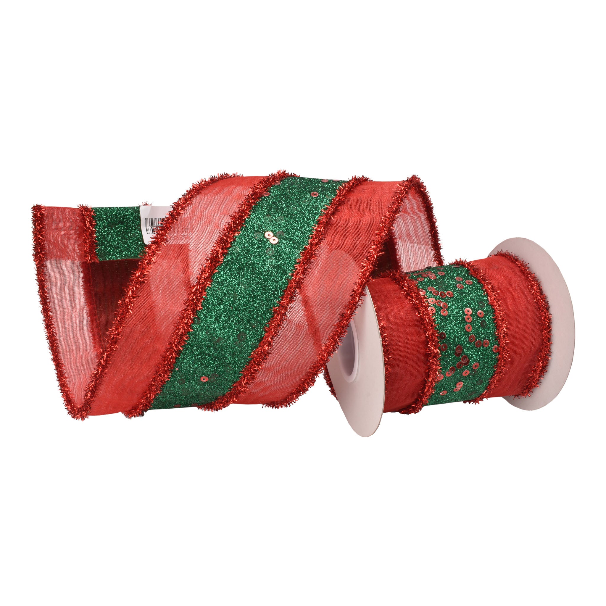 100mm Red Green Tinsel Stripe Ribbon 9.14 Mts L - Seasonal Decor