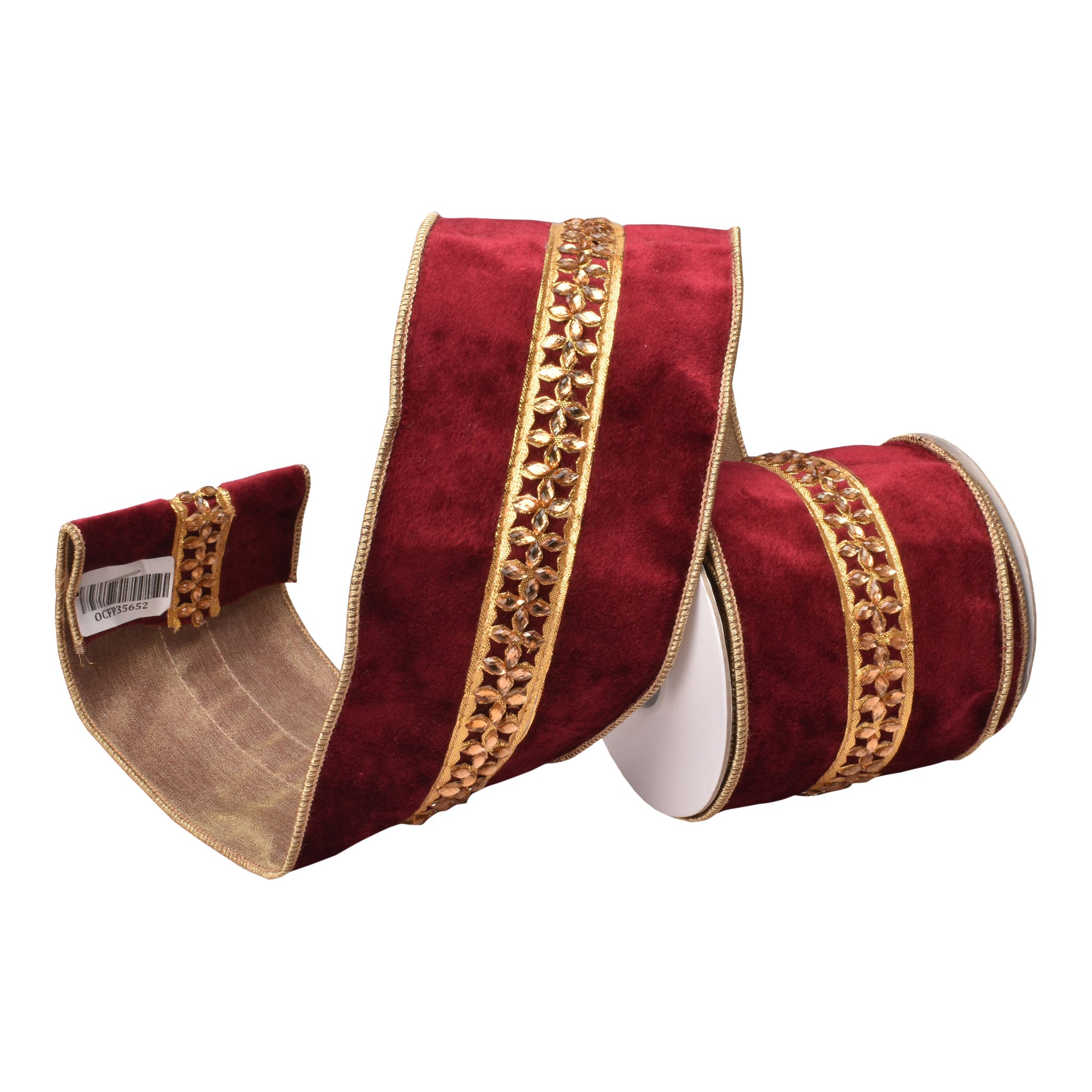 100mm Burgundy Velvet Gold Trim Ribbon 9.14 Mts L - Seasonal Decor