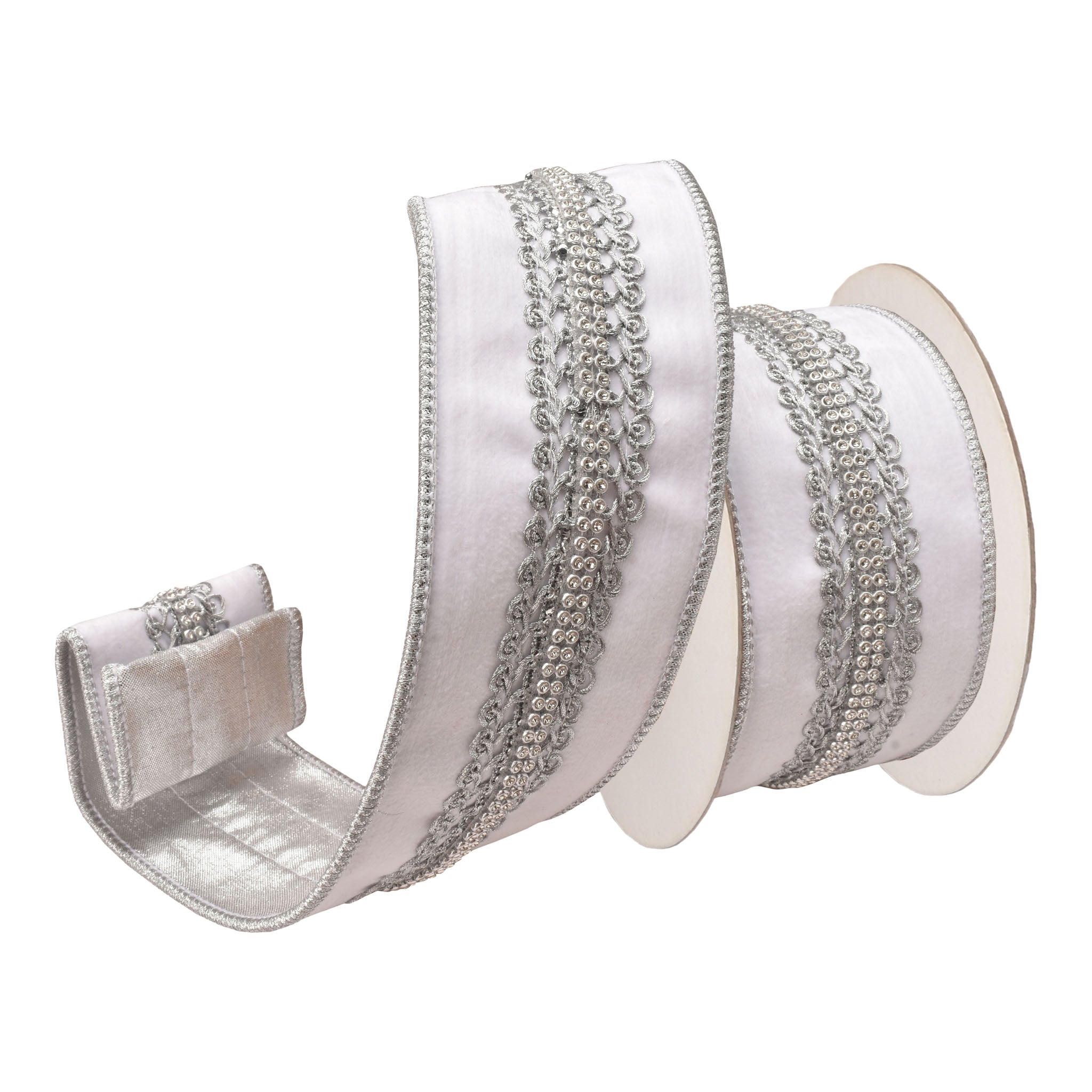 64mm White Silver Trim Ribbon 9.14 Mts L - Seasonal Decor
