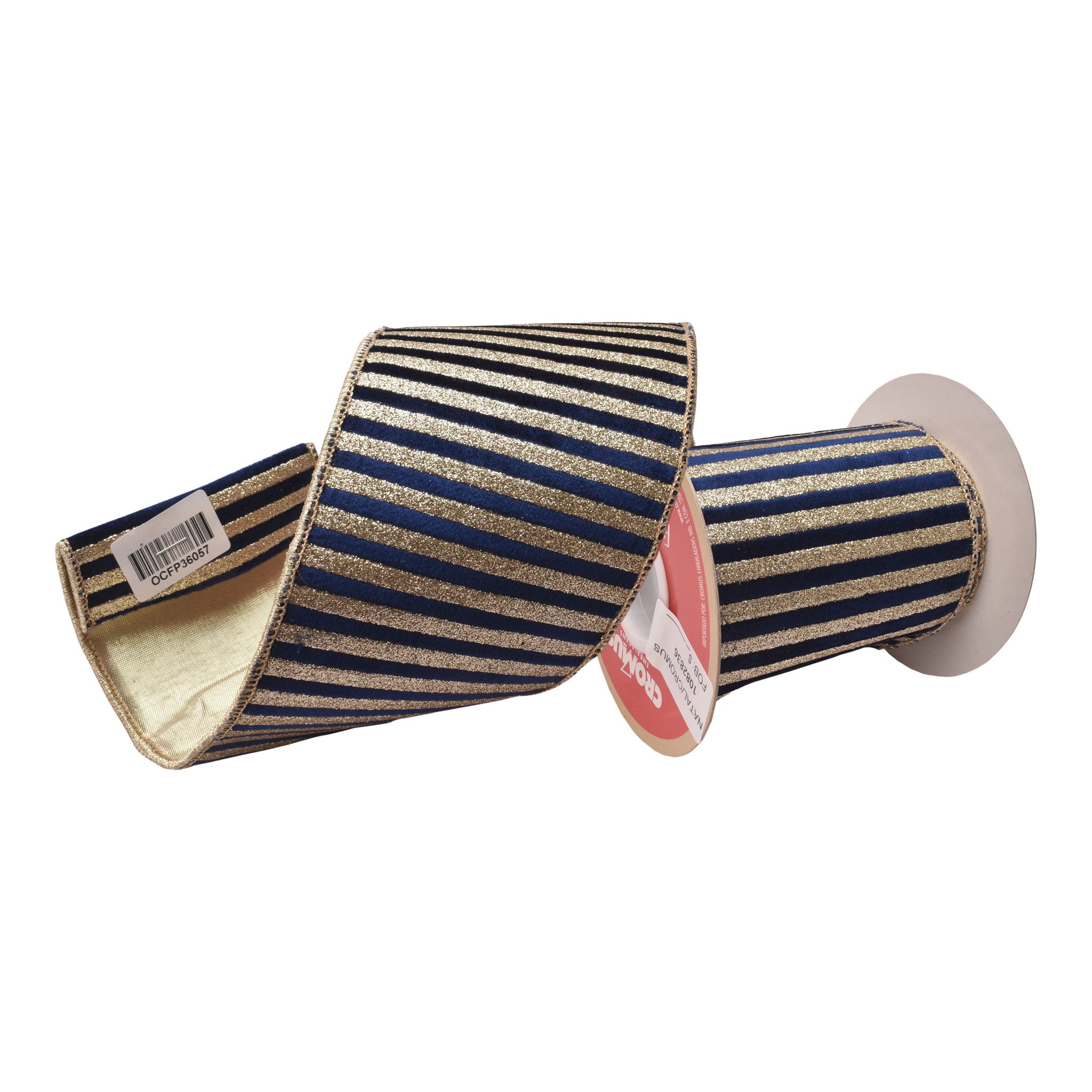 100mm Blue Gold Striped Ribbon 9.14 Mts L - Seasonal Decor