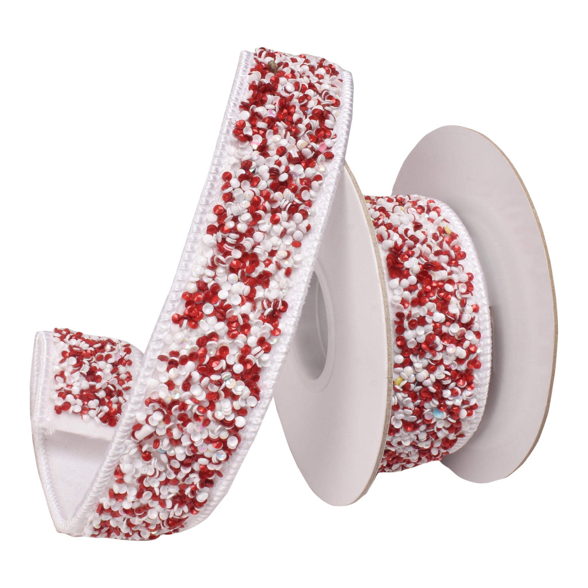 38mm Red White Beaded Ribbon 9.14 Mts L - Seasonal Decor