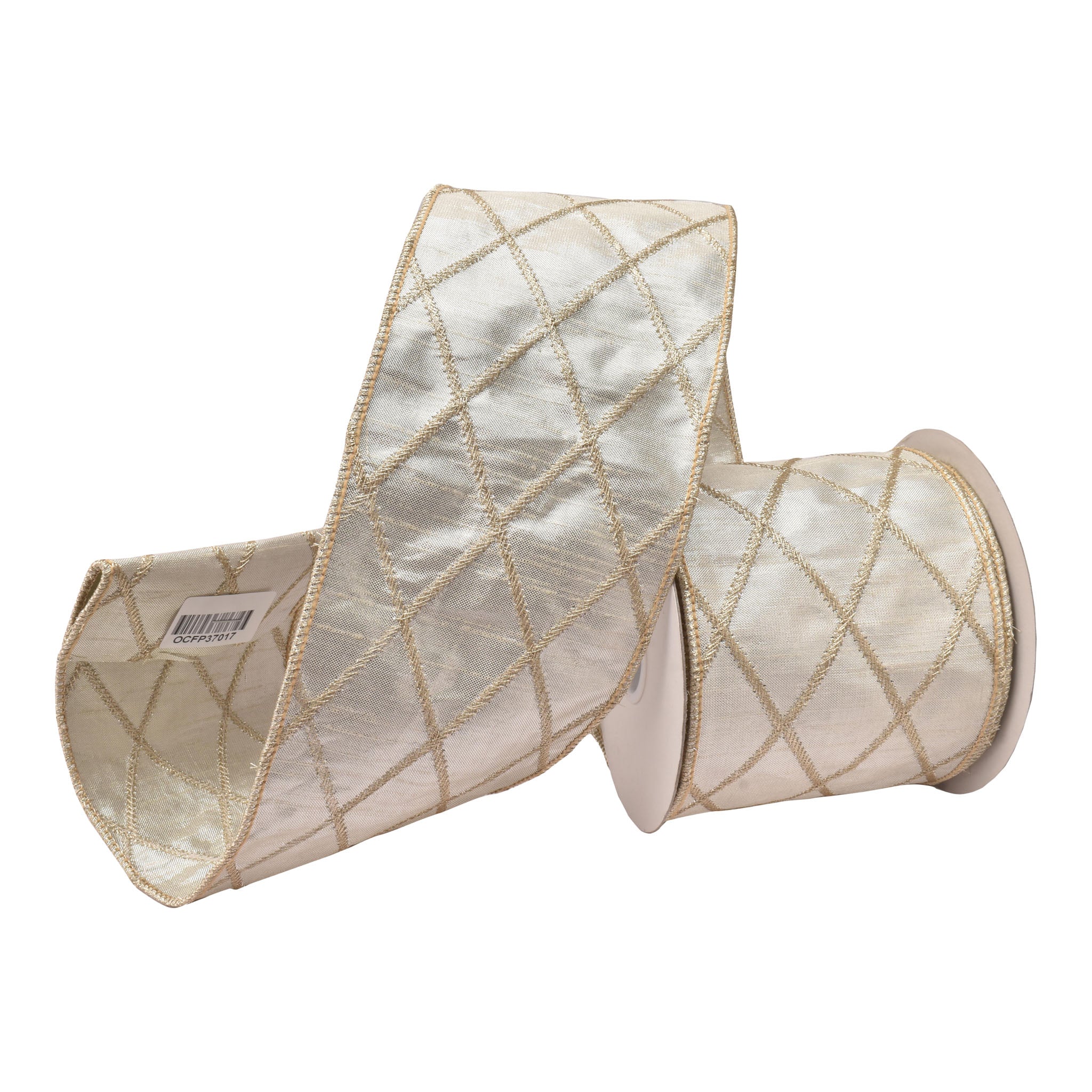100mm Champagne Diamond Ribbon 9.14 Mts L - Seasonal Decor