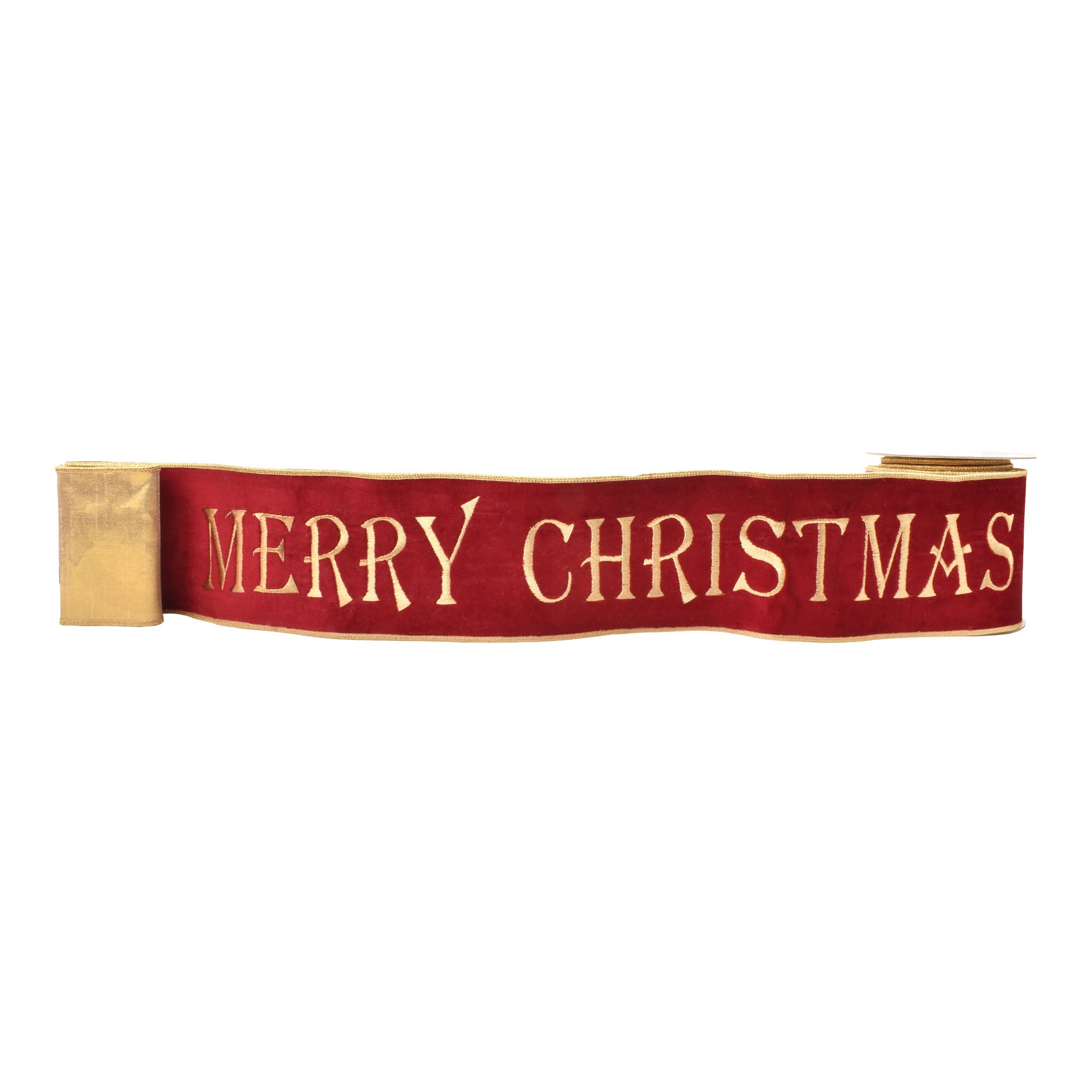 100mm Burgundy Gold Merry Christmas Ribbon 9.14 Mts L - Seasonal Decor