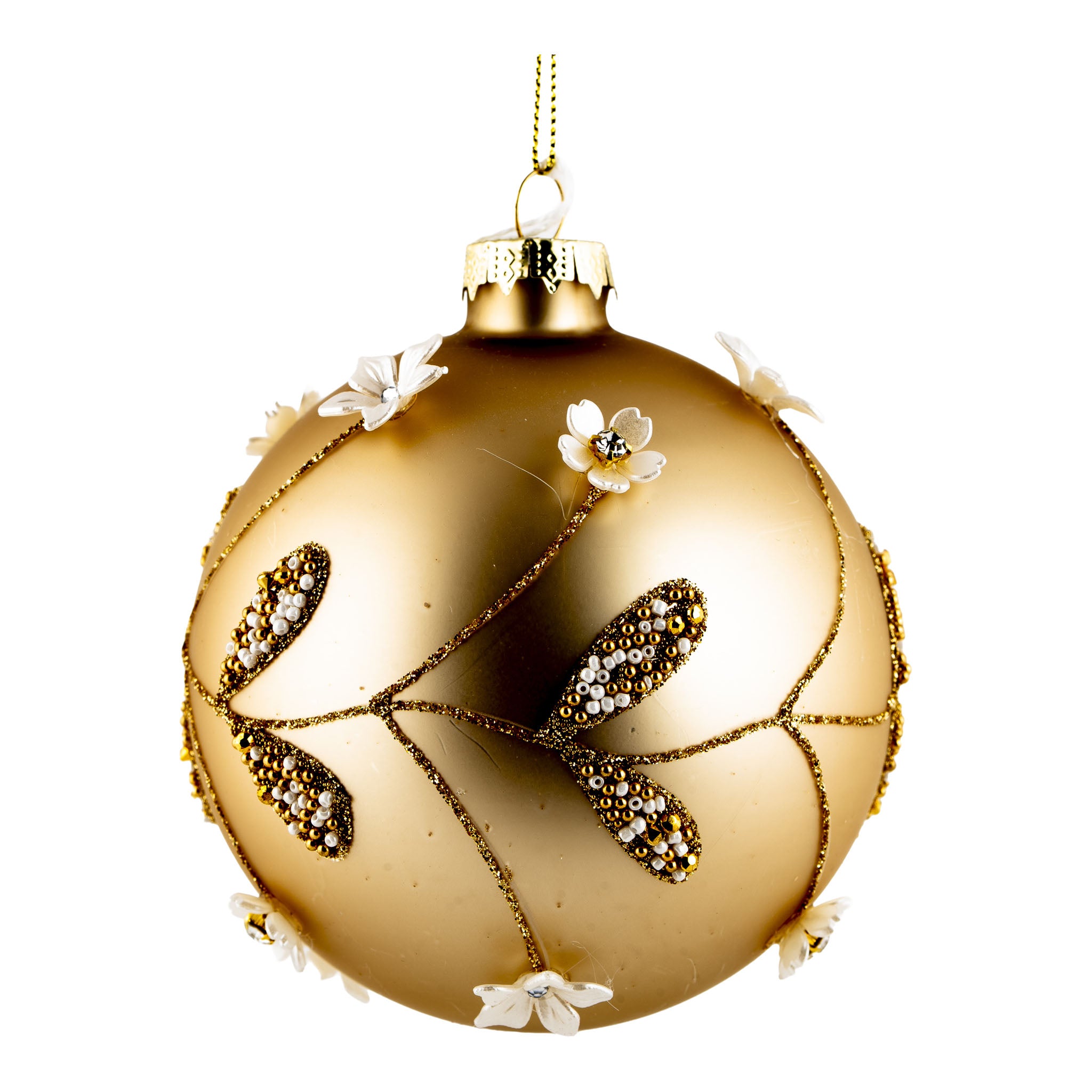10cm Champagne Gold Floral Ball Hanging - Seasonal Decor