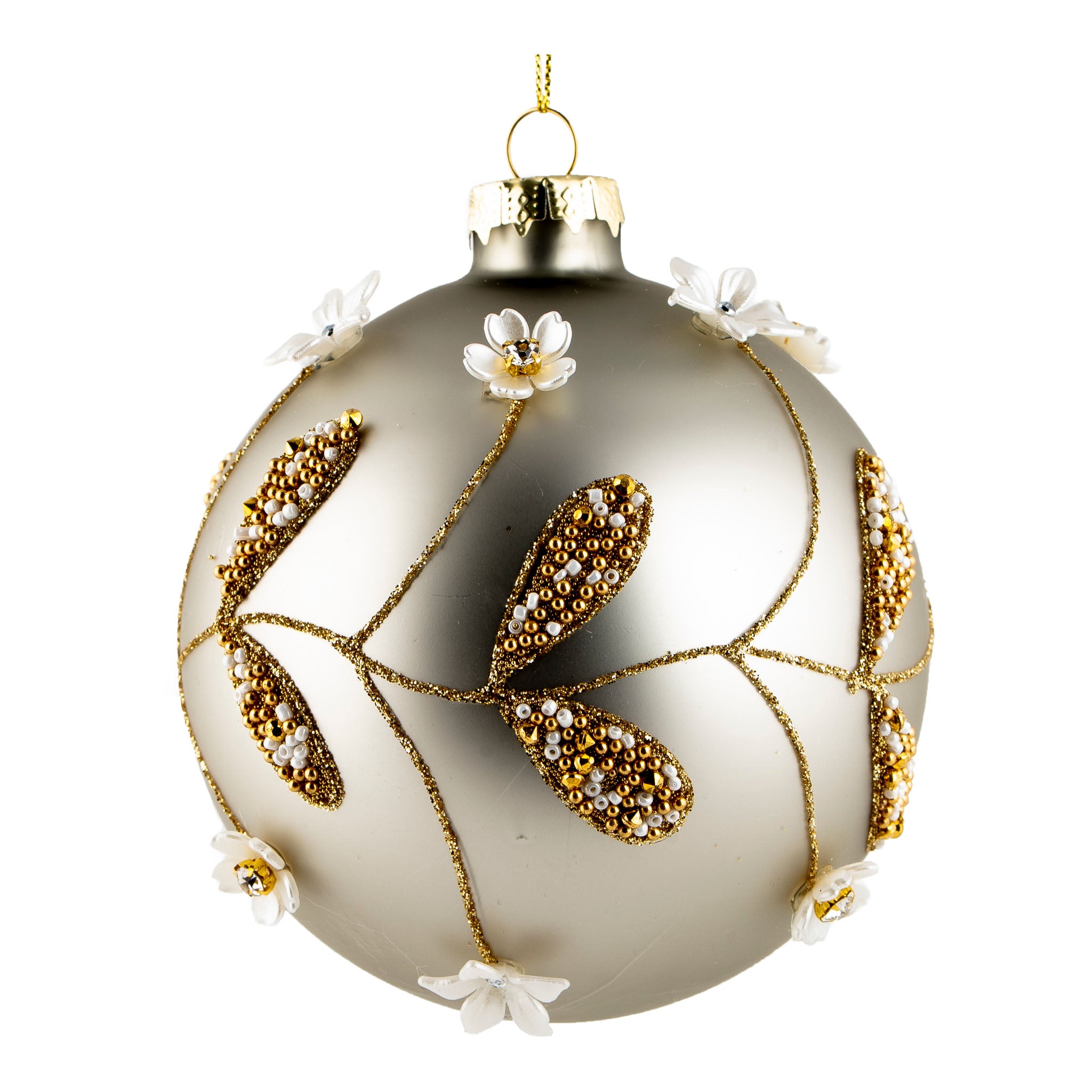 10cm Grey Gold Floral Ball Hanging - Seasonal Decor