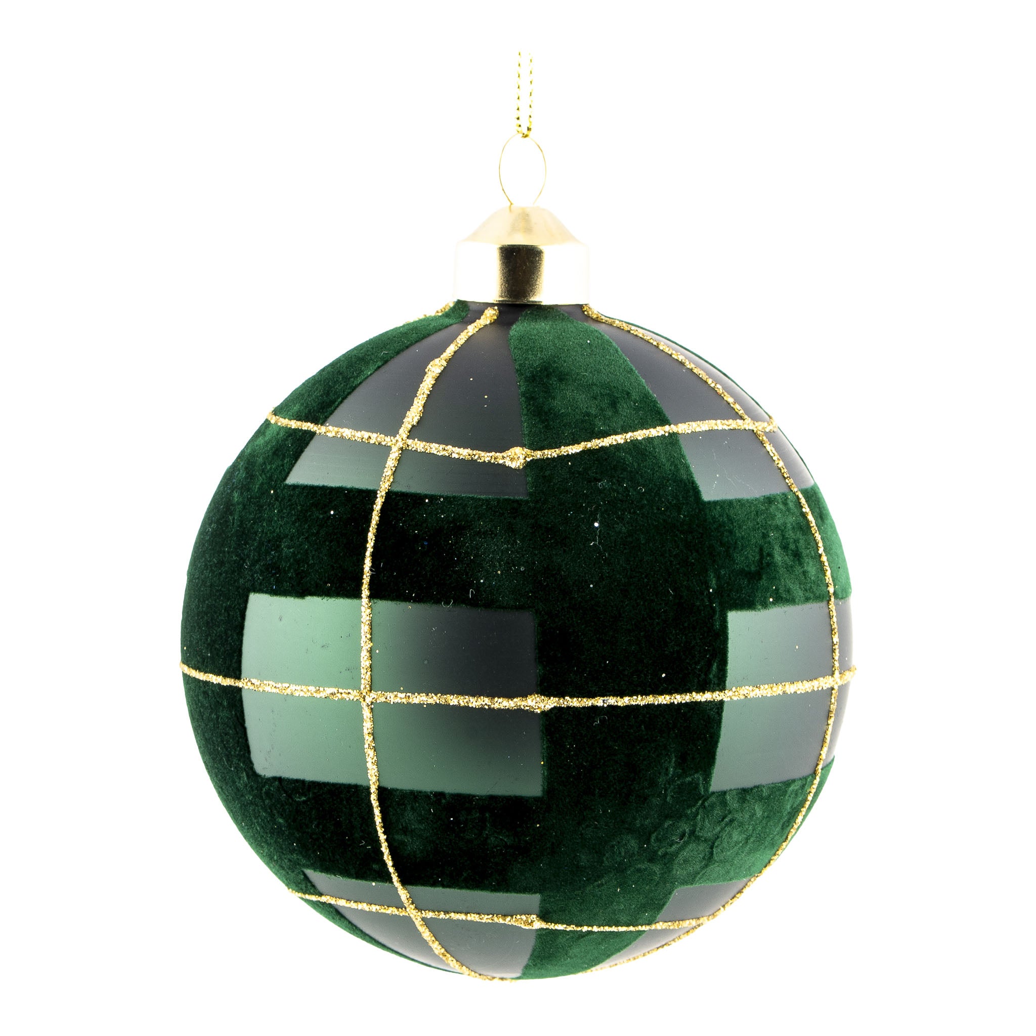 10cm Green Gold Tartan Ball Hanging - Seasonal Decor