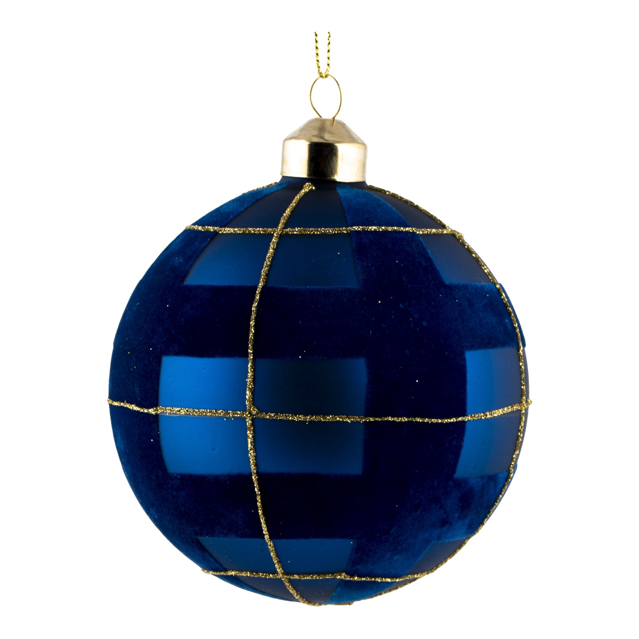 10cm Blue Gold Tartan Ball Hanging - Seasonal Decor