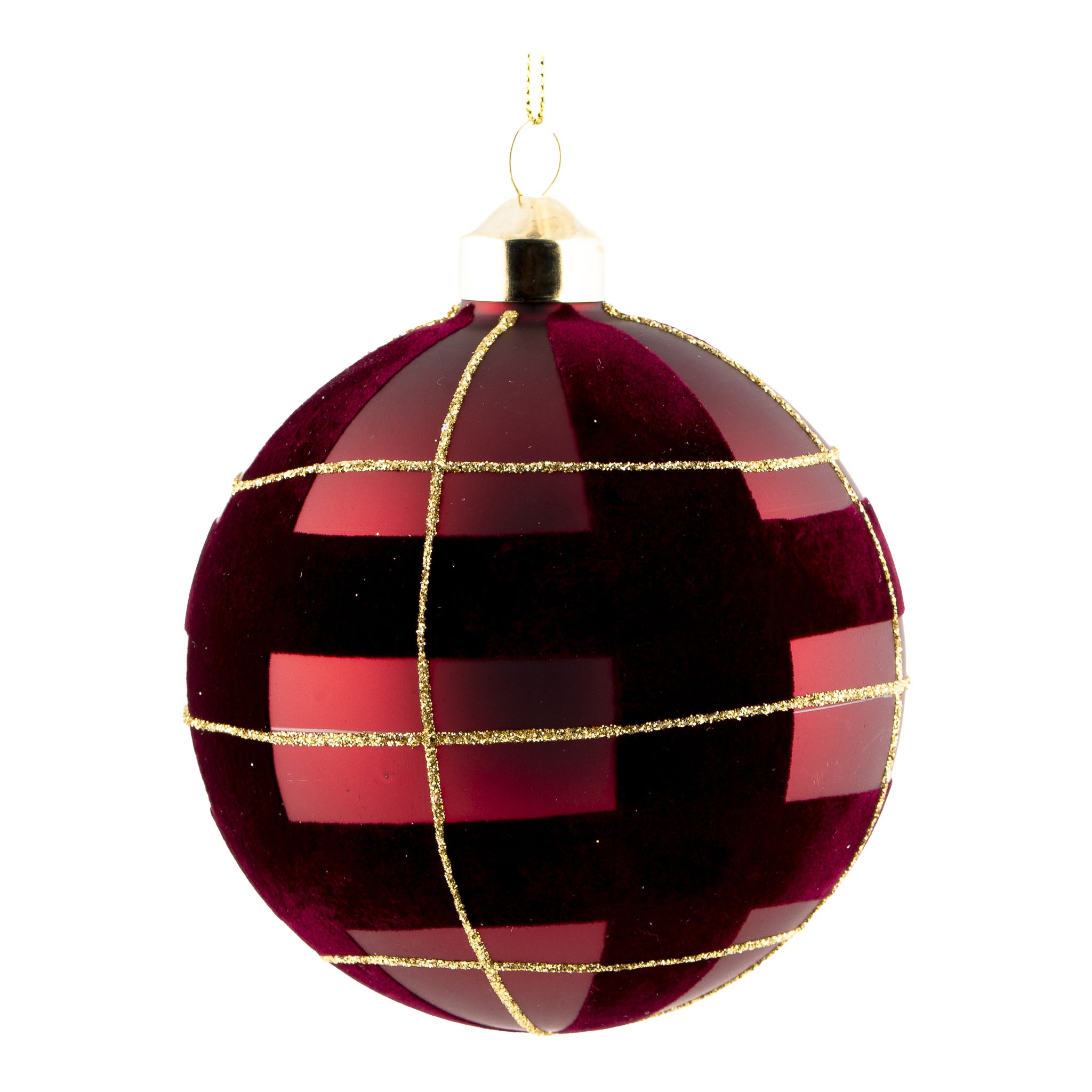 10cm Burgundy Gold Tartan Ball Hanging - Seasonal Decor
