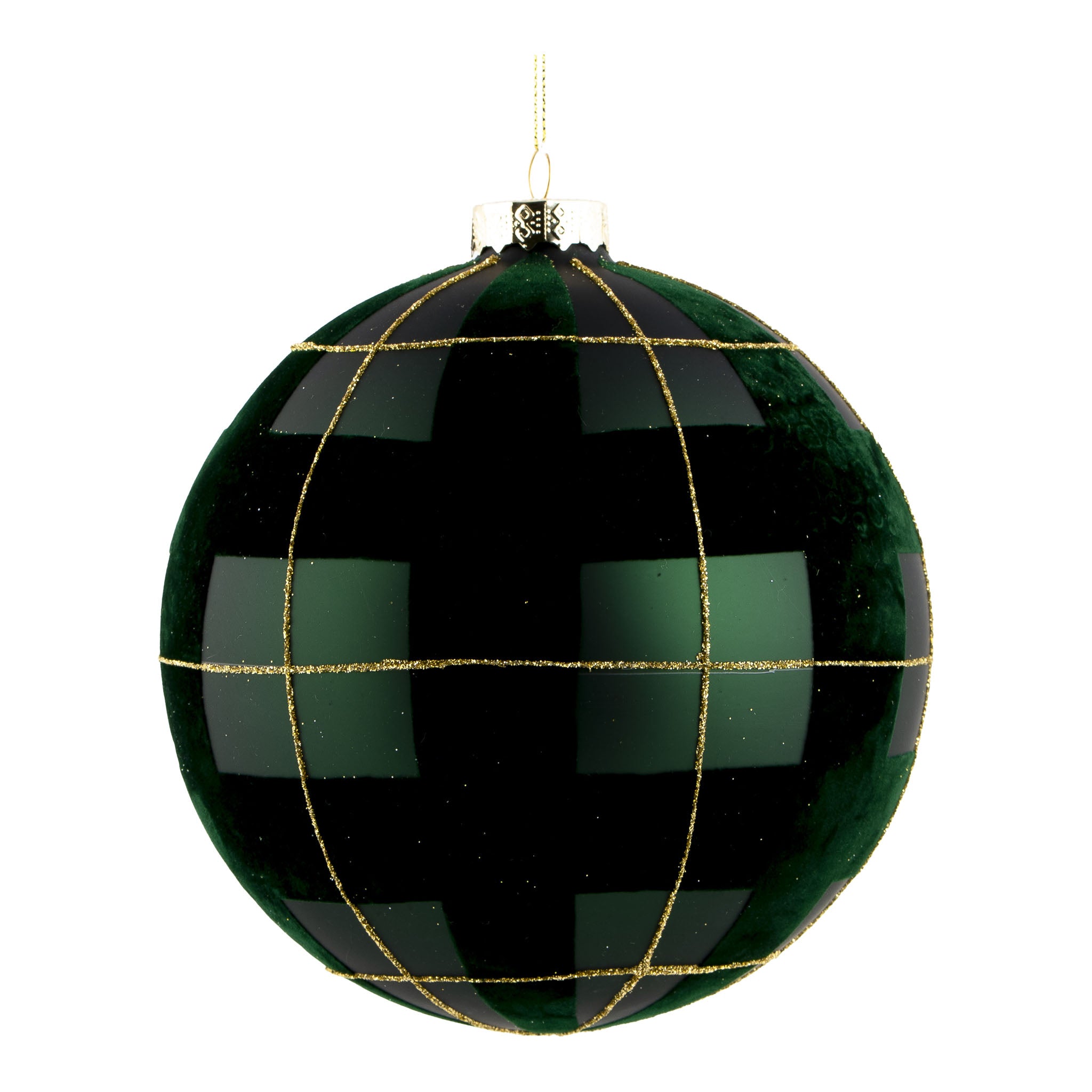 15cm Green Gold Tartan Ball Hanging - Seasonal Decor