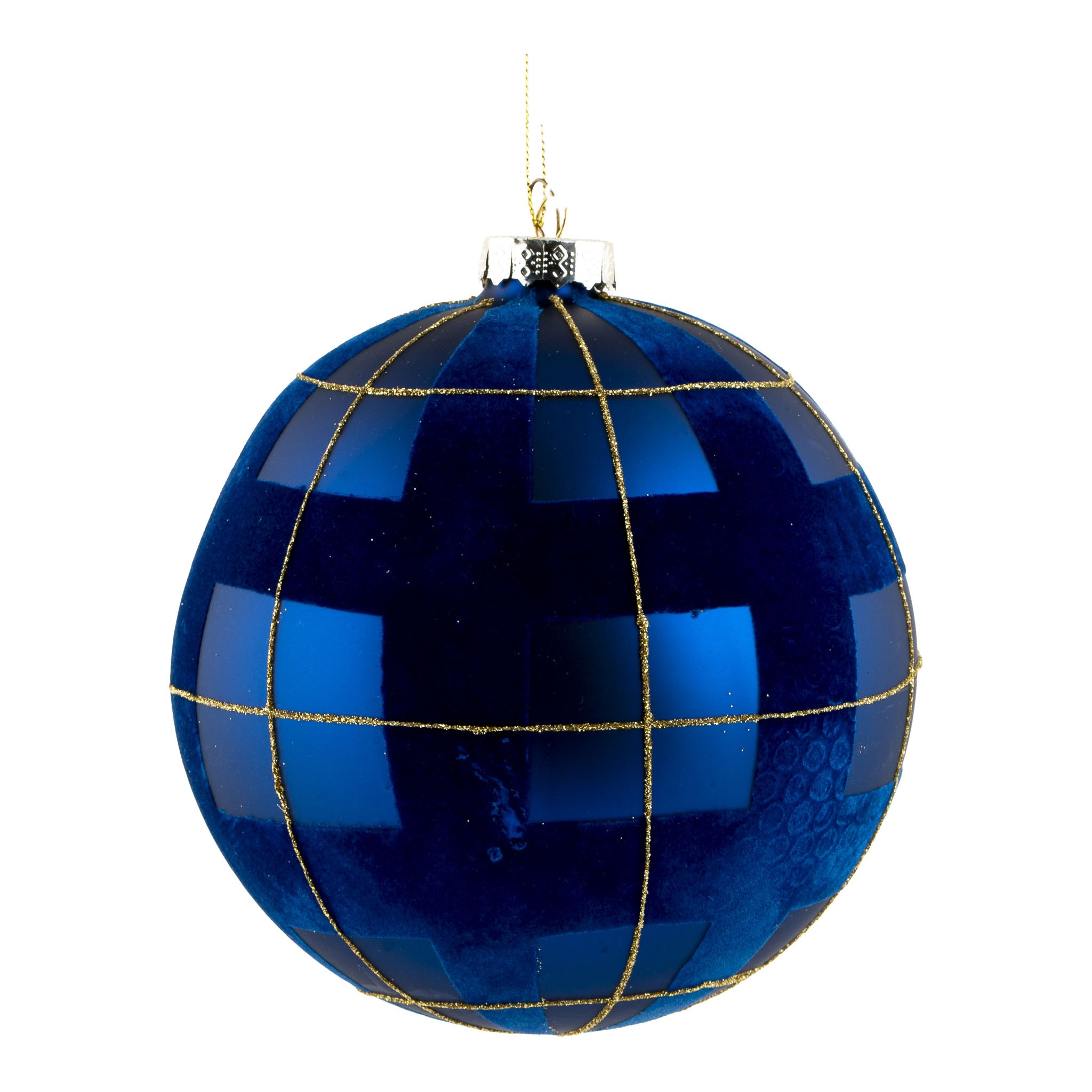 15cm Blue Gold Tartan Ball Hanging - Seasonal Decor