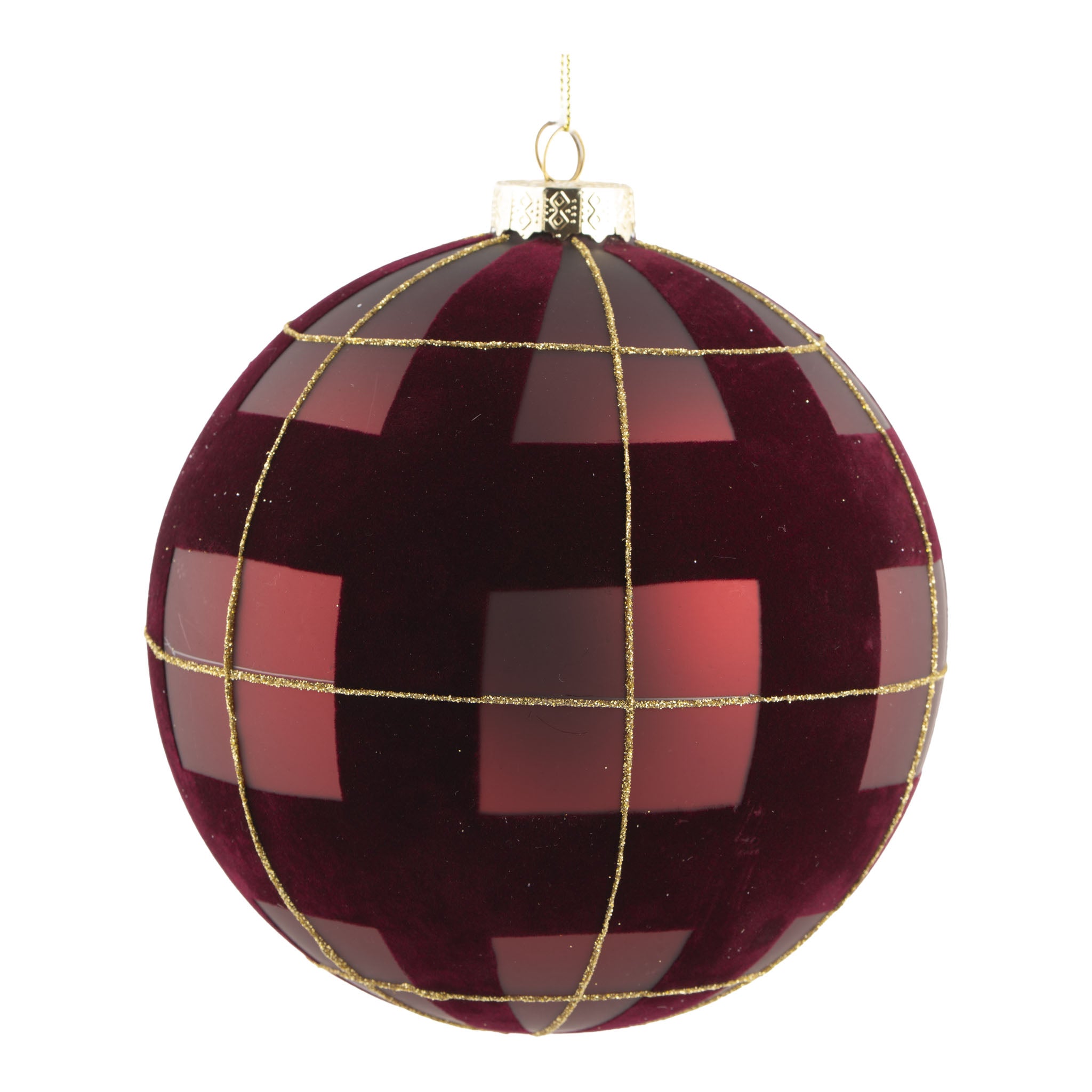 15cm Burgundy Gold Tartan Ball Hanging - Seasonal Decor