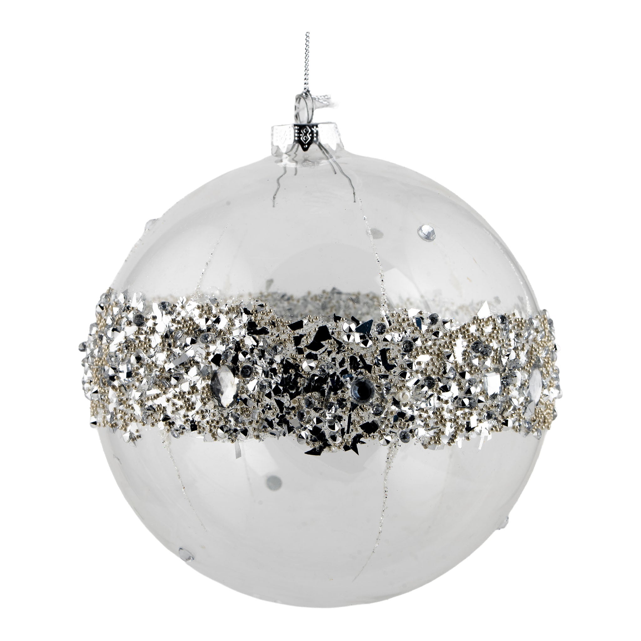 15cm Clear Silver Encrusted Ball Hanging - Seasonal Decor