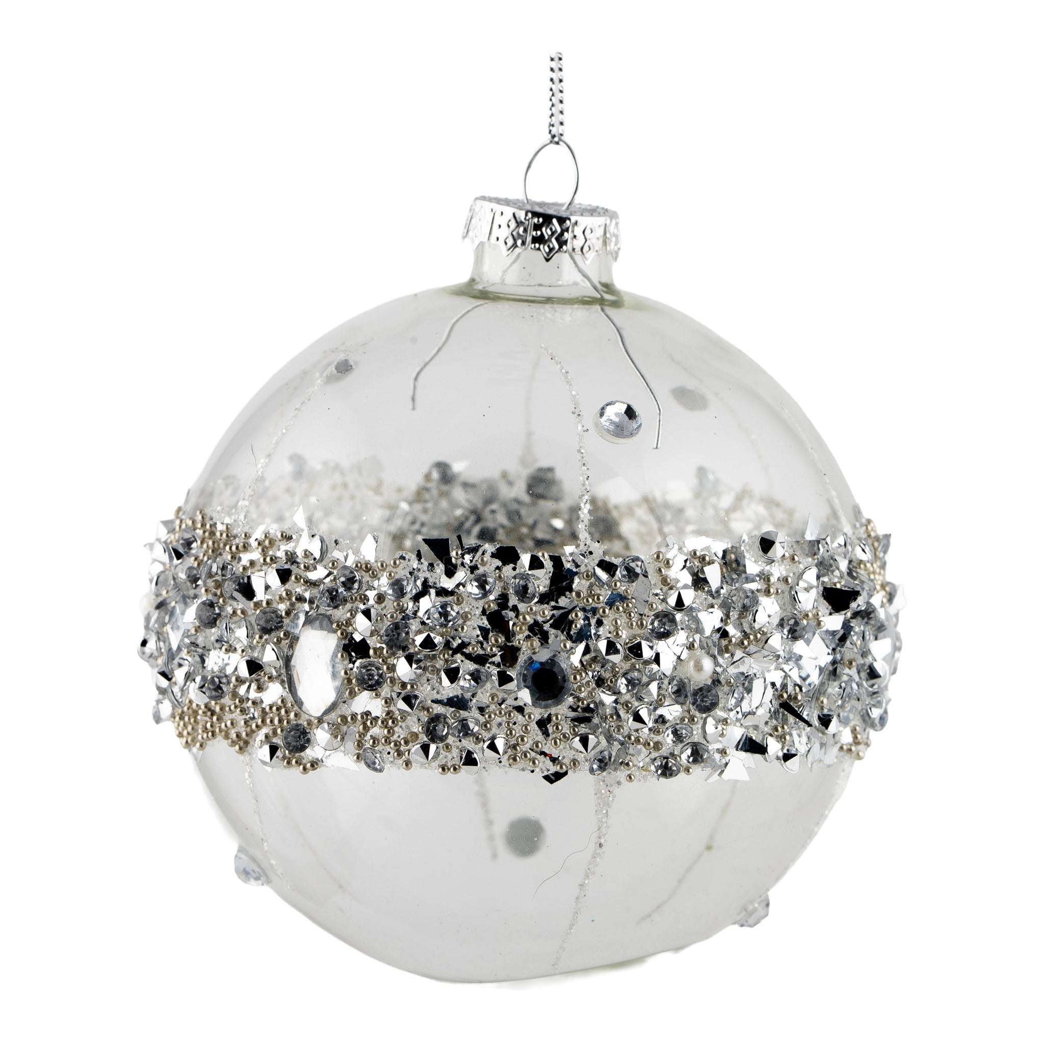 10cm Clear Silver Encrusted Ball Hanging - Seasonal Decor