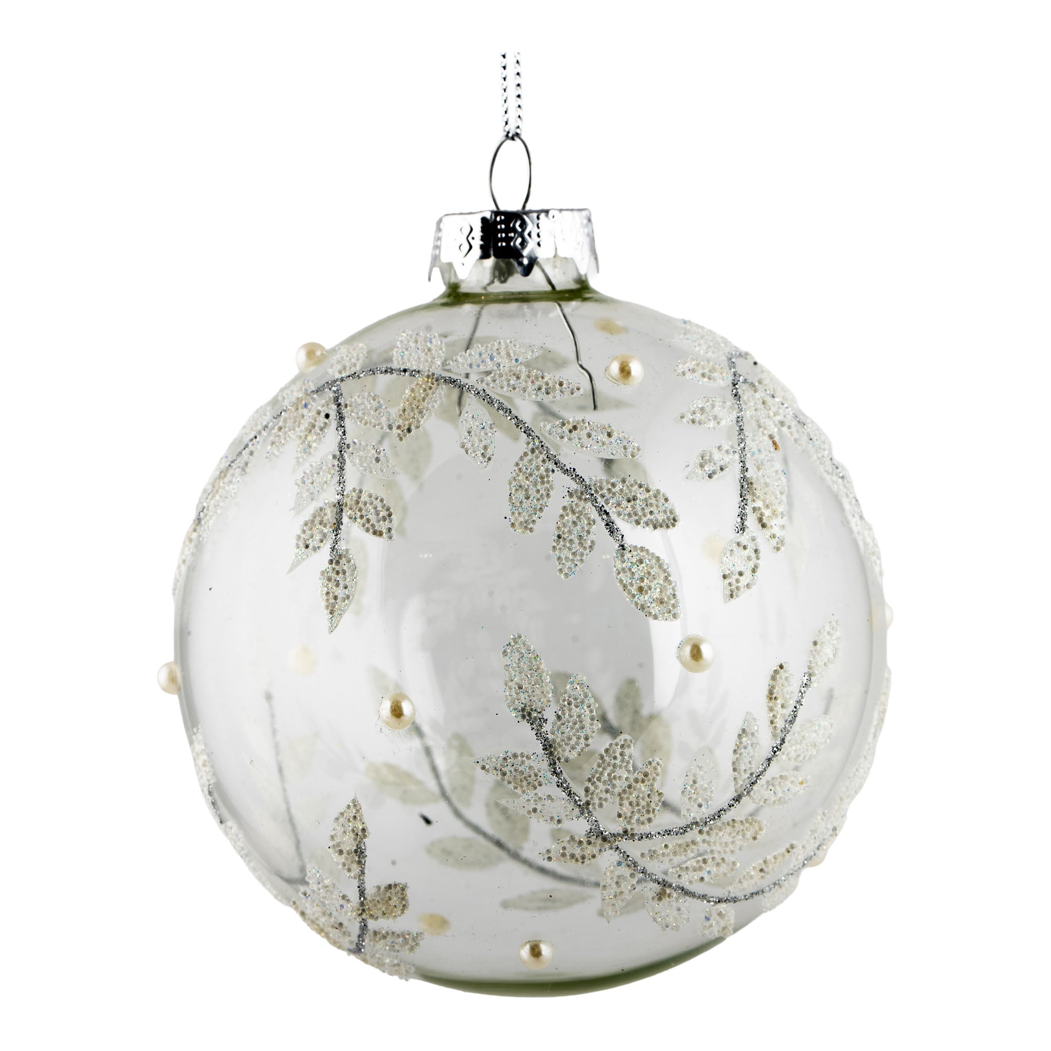 10cm Clear Encrusted White Leaf Ball Hanging - Seasonal Decor
