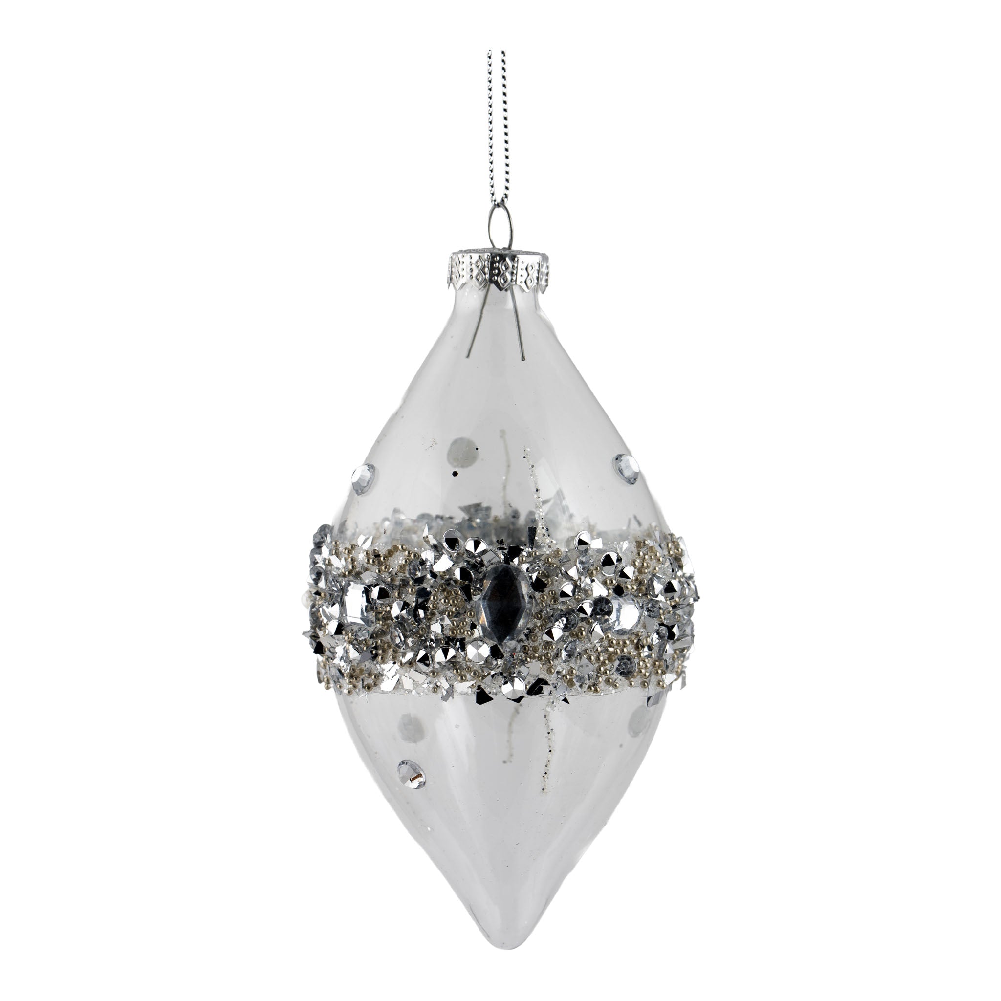 13cm Clear Silver Encrusted Long Drop Hanging - Seasonal Decor