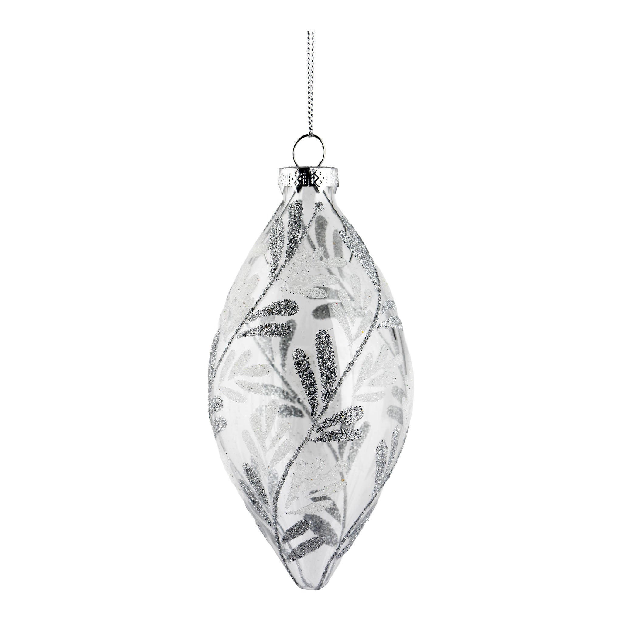 13cm Silver Encrusted Leaf Long Drop Hanging - Seasonal Decor