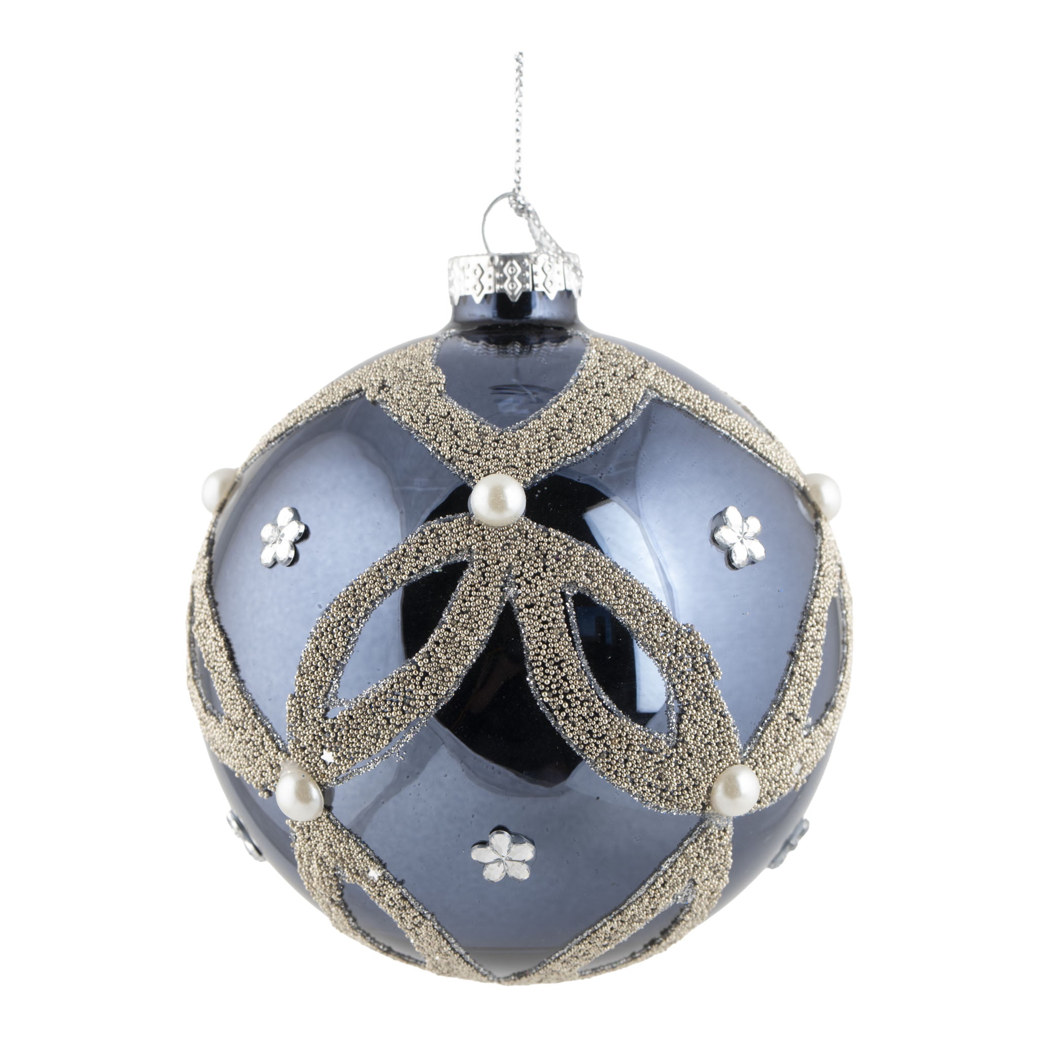 10cm Shiny Blue Gold Floral Ball Hanging - Seasonal Decor