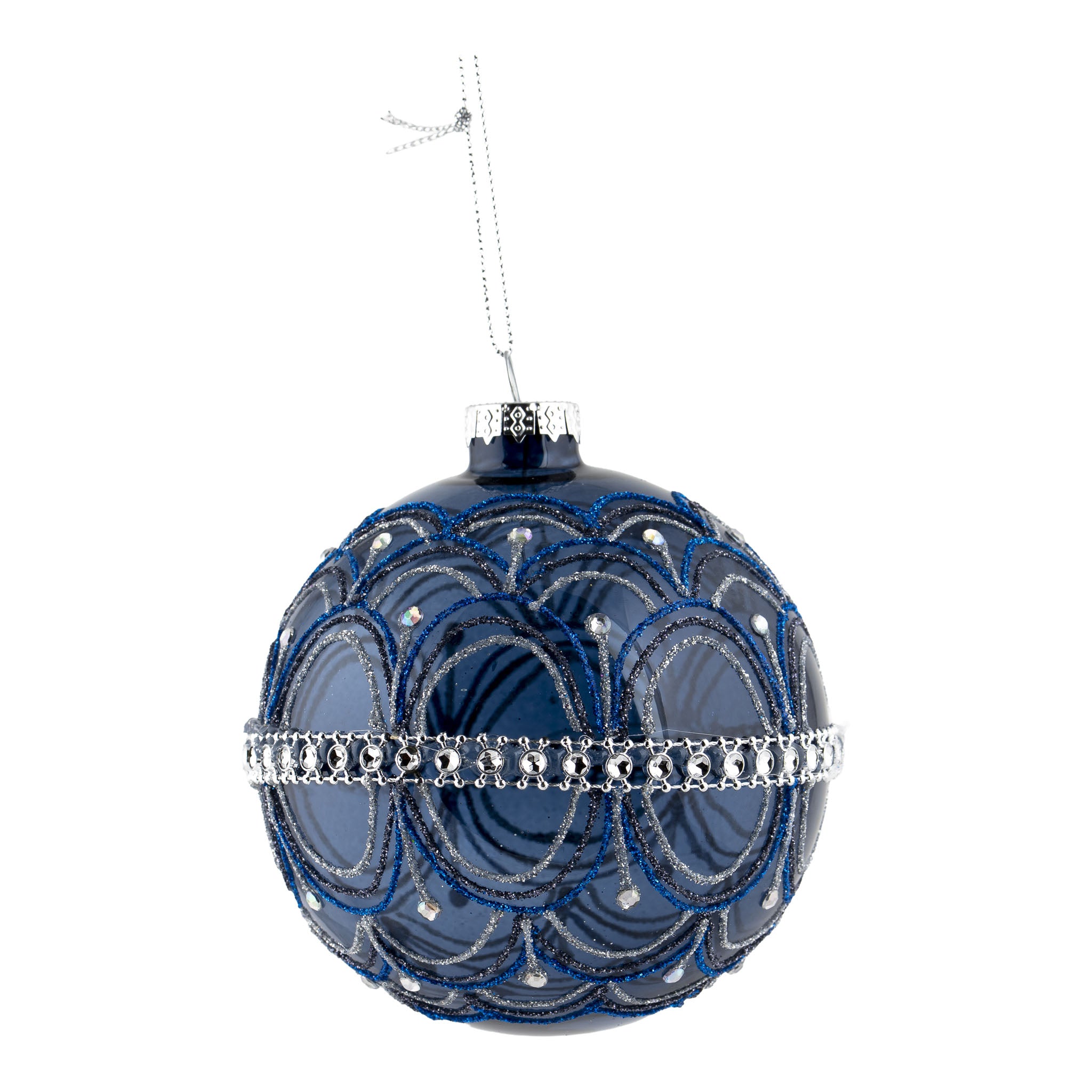 10cm Glass Blue Silver Swag Ball Hanging - Seasonal Decor